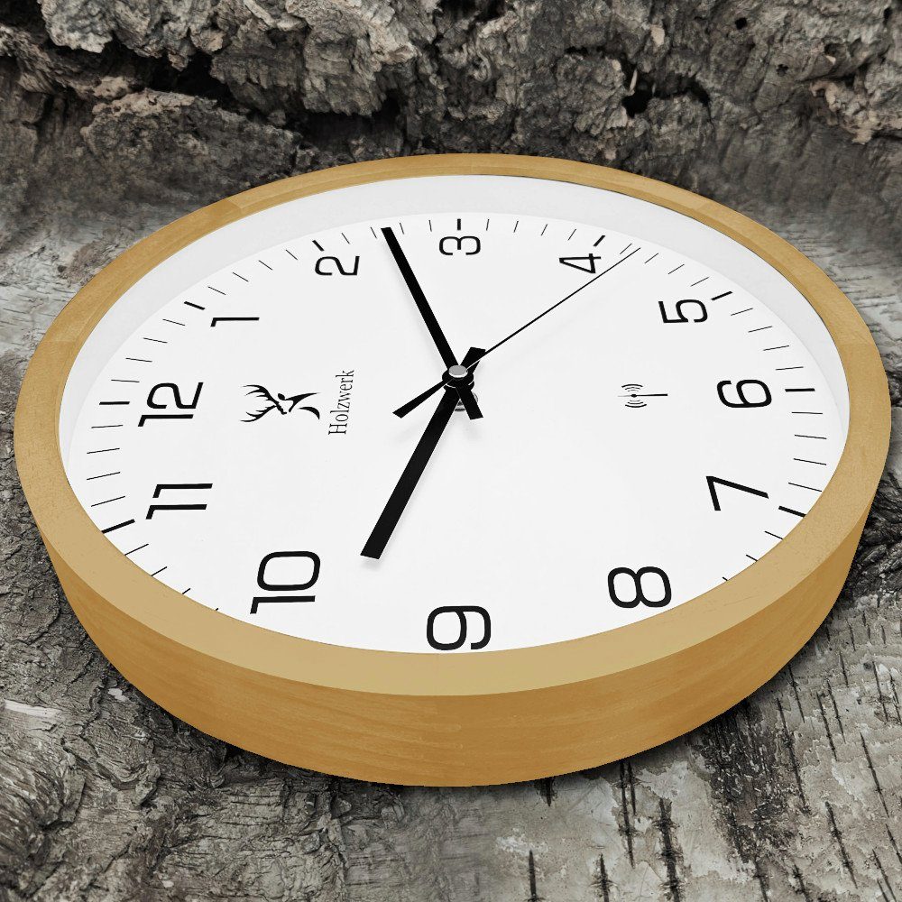 Funk Designer Holzwerk 30 ohne Holz Uhr, beige, Tickgeräusche, (lautlos Wand ARNSBURG cm) Funkwanduhr weiß