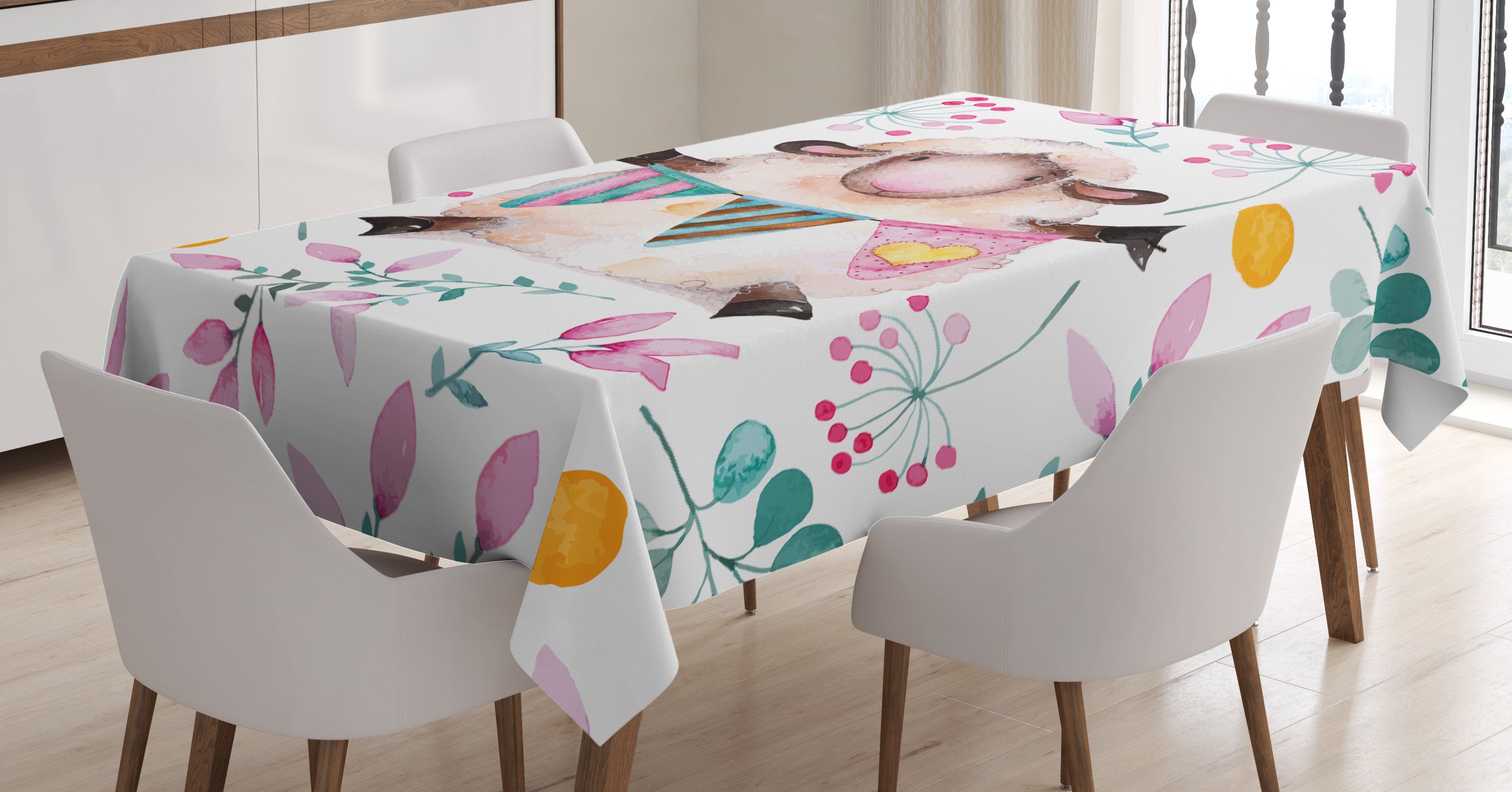 Abakuhaus Tischdecke Farbfest Waschbar Für den Außen Bereich geeignet Klare Farben, Blumen Aquarell Cartoon-Schaf | Tischdecken