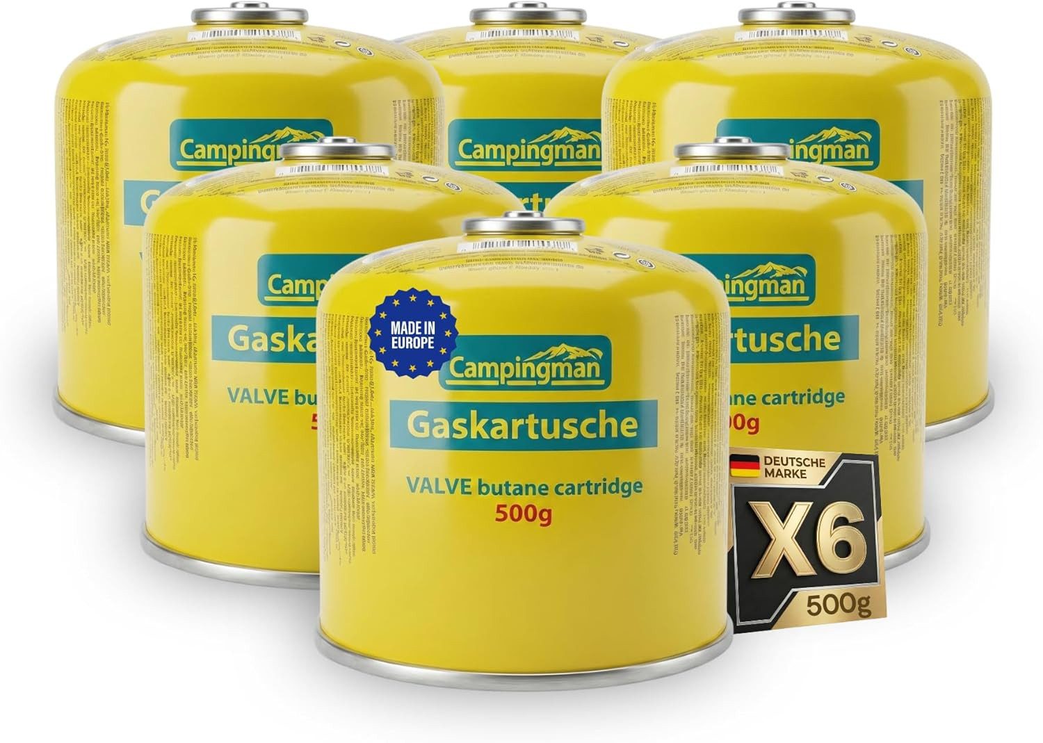 Campingman Gaskartusche 500g mit Schraubventil EN 417 – Butangas Kartusche, Zubehör für Universal Schraubkartusche für Campingkocher, 6 St., Unkrautbrenner, Weber Grill & Campinggas
