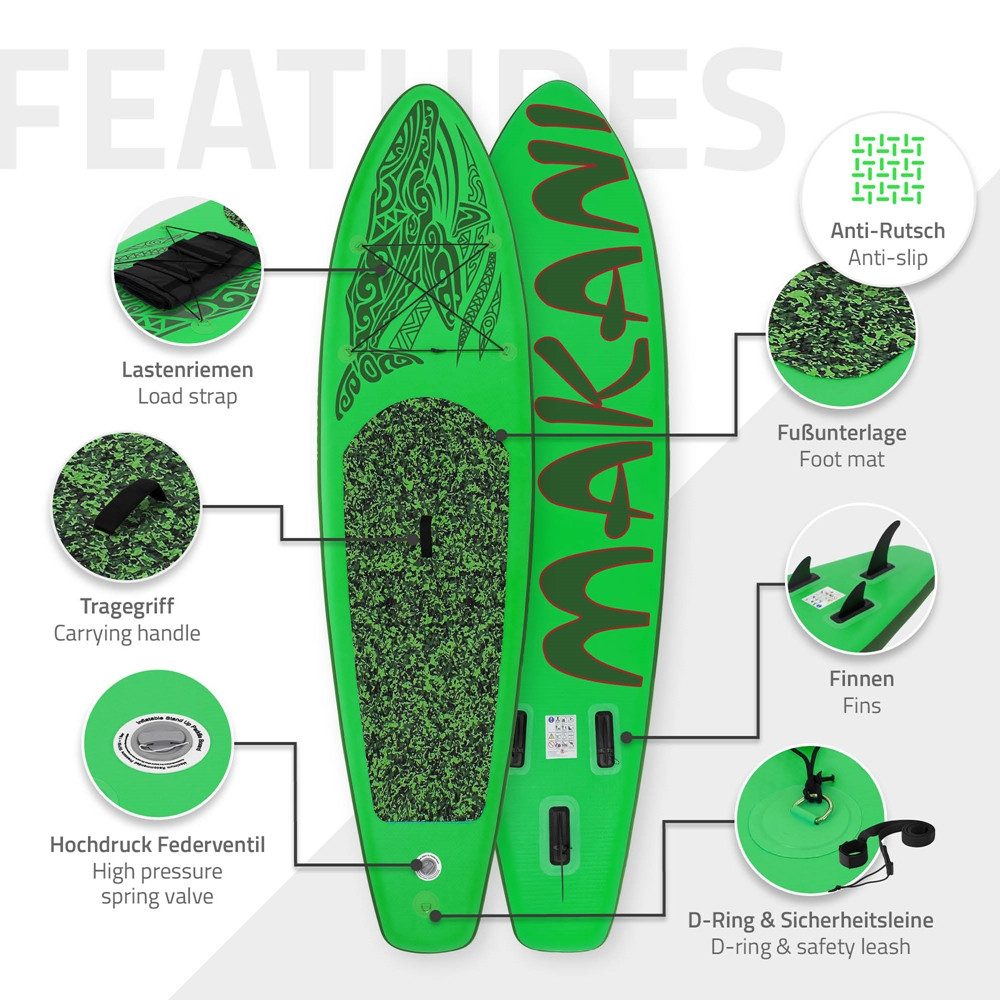 ECD Germany SUP-Board Stand Up Paddle Board aus PVC Paddelboard Paddling Board, Stand-Up Paddle-Board, SUP Board 320x80x15 cm 120 kg Traglast rutschfest grün inkl Zubehör