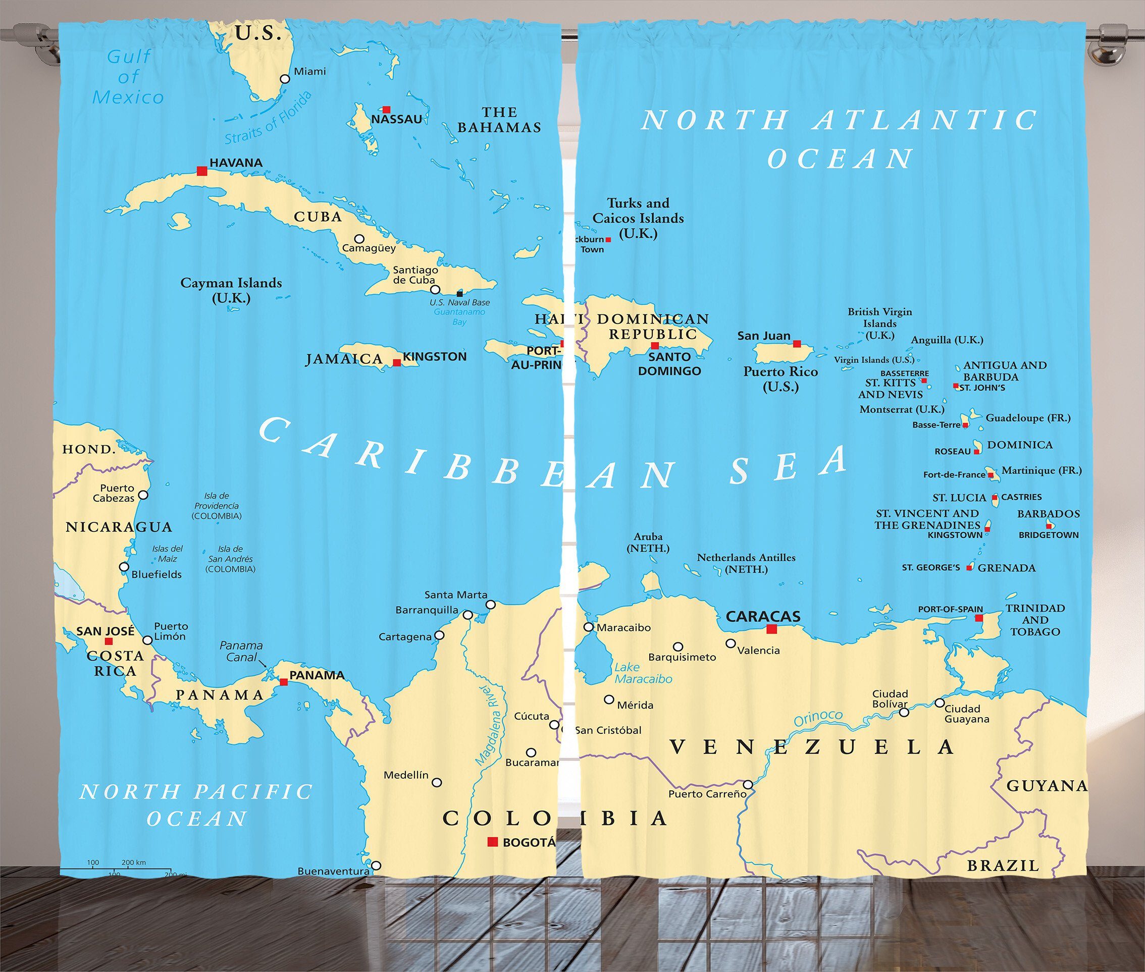 Gardine Schlafzimmer Kräuselband Vorhang mit Schlaufen und Haken, Abakuhaus, Reise Karibik Capitals Karte