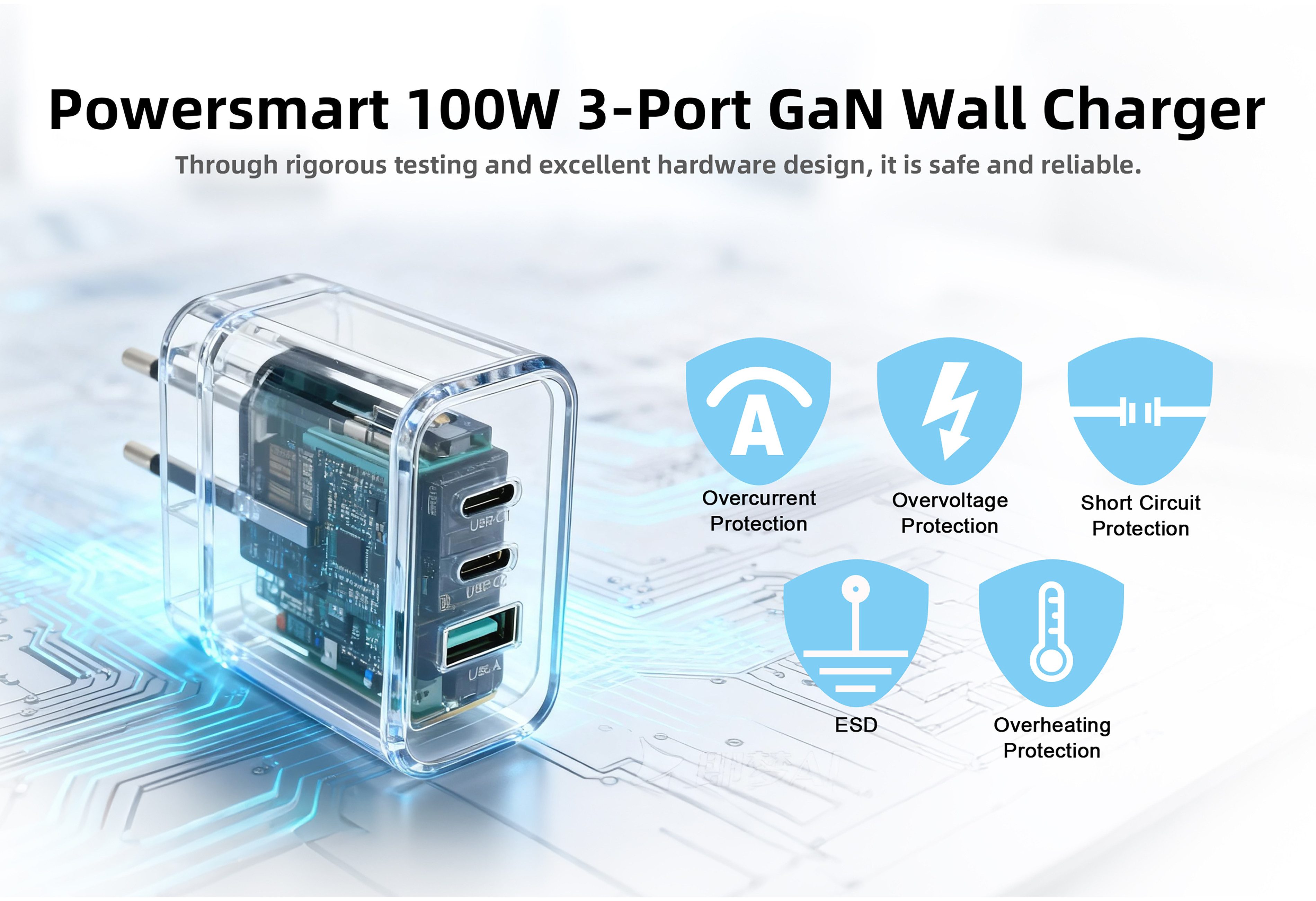 PowerSmart APQ102050.3P Batterie-Ladegerät (100W GaN-Schnellladegerät mit 3 Ports, PD 3.0, kompaktes Mehrfachladegerät, kompatibel mit iPhone 16 Pro Max, MacBook Air, iPad, Samsung S24 Ultra, Huawei, Xiaomi und DJI)