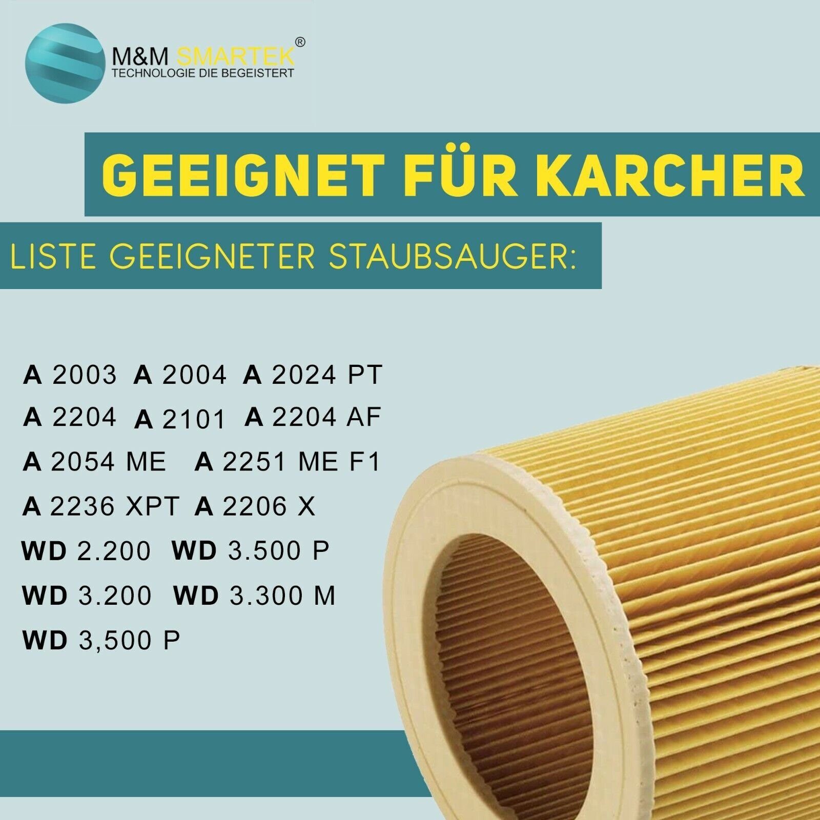 passend für Papier-Filter-Tüten St., Kärcher, Trockensauger wie 6.414-552.0, Patronenfilter Nass-/ 1 + / wie Mehrzwecksauger 6.959-130.0 Staubsaugerbeutel Smartek M&M für