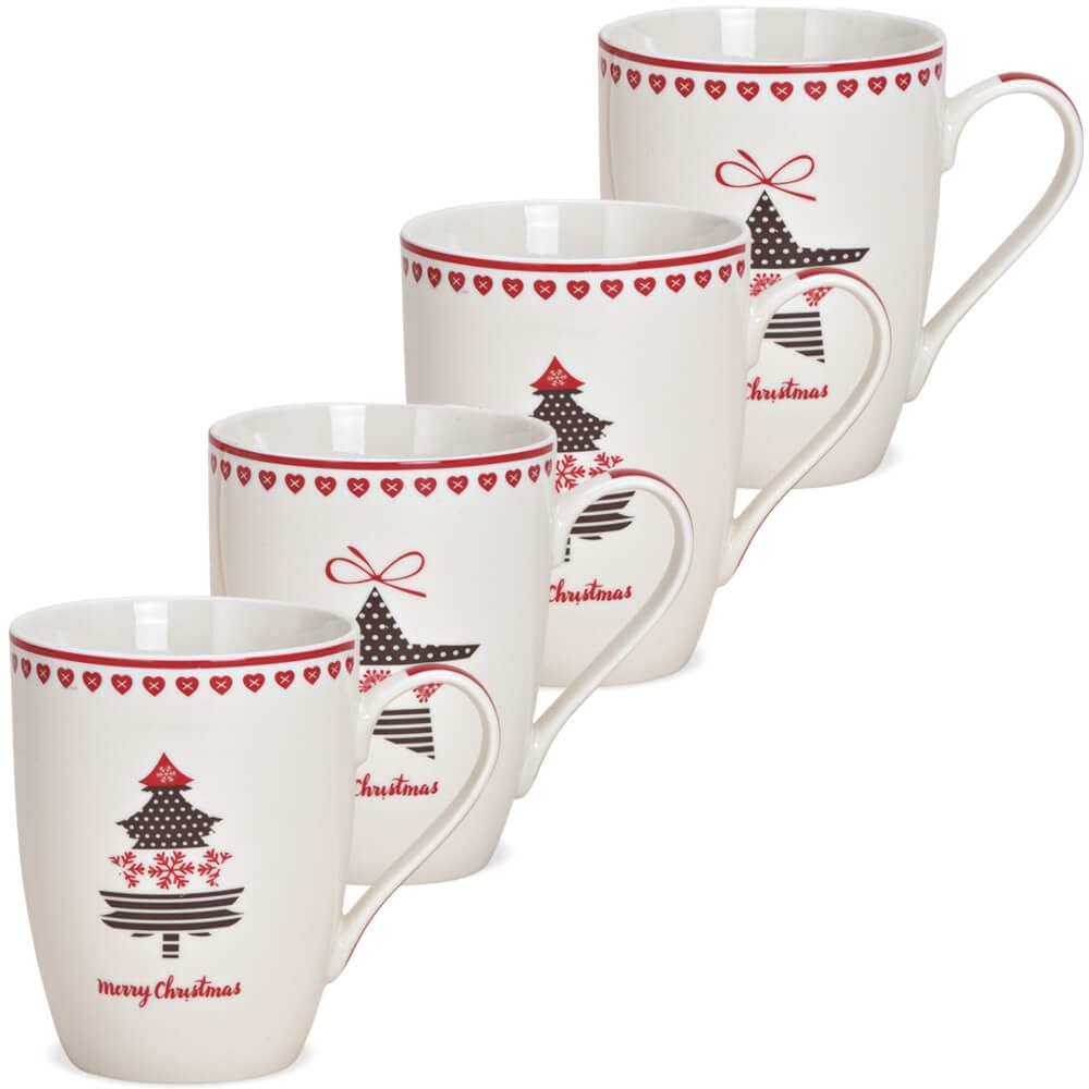 matches21 HOME & HOBBY Tasse Weihnachtstassen 4er Set Weihnachtsbaum mit Spruch Merry Christmas, 4-tlg., Porzellan, Tee Kaffeebecher, Weihnachten, modern, rot braun weiss, ca. 300 ml