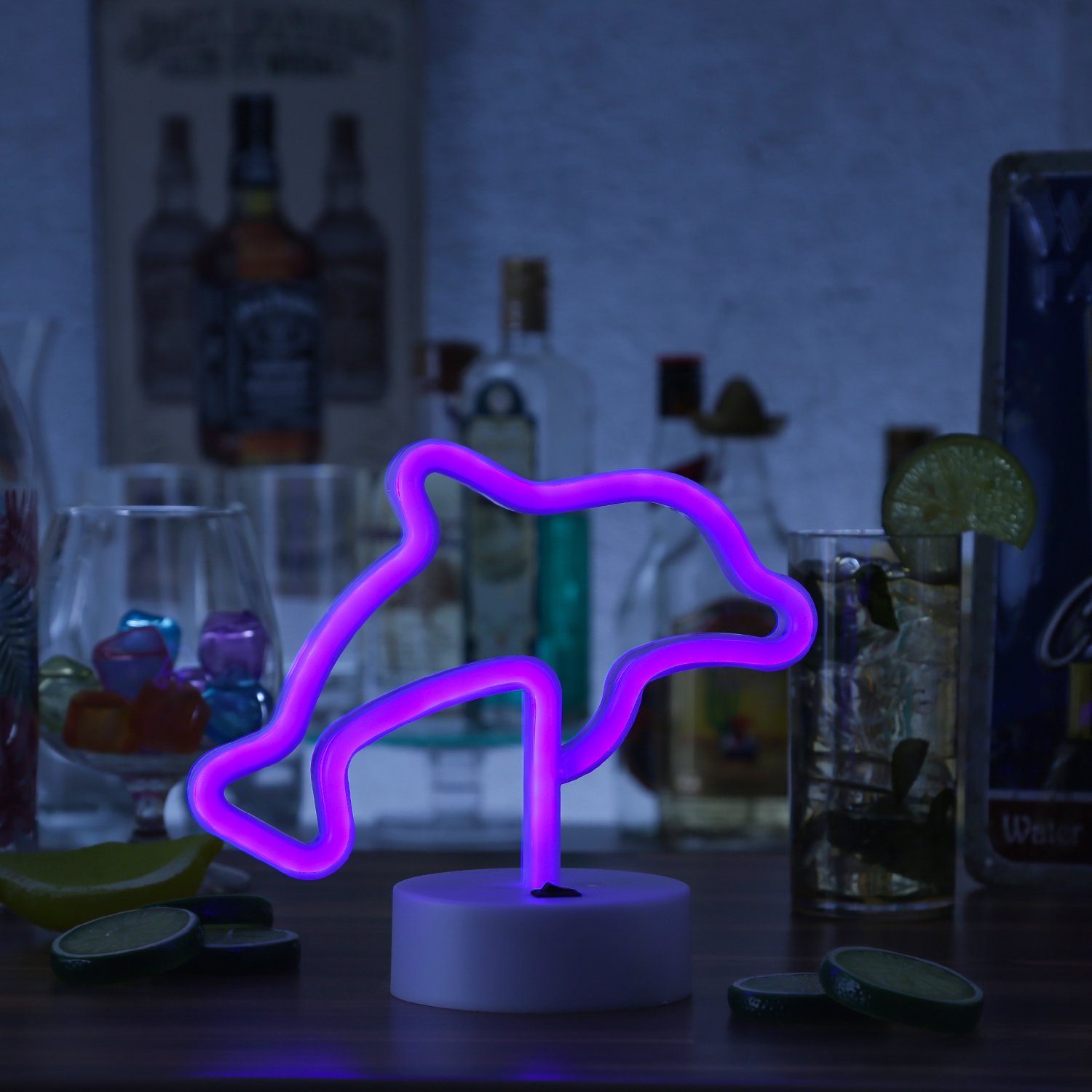 SATISFIRE LED Dekolicht LED Neonlicht DELFIN Neonschild Leuchtfigur USB Batterie 19cm blau