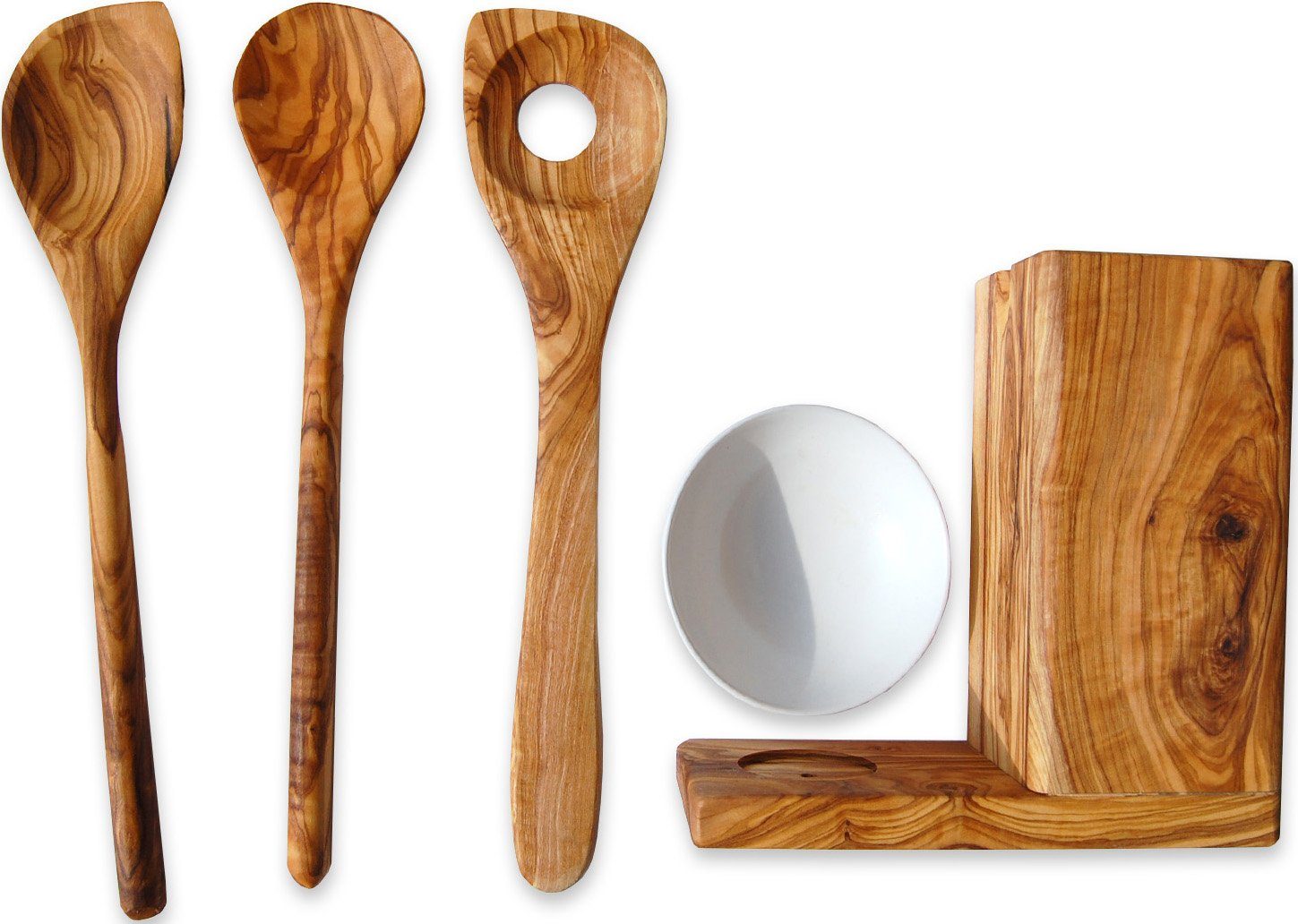 Olivenholz-erleben Kochbesteck-Set ALL-IN aus naturbelassenem Olivenholz und Porzellan (Set, 5-tlg., 2 Kochlöffel, Keramikschälchen, Risottolöffel, Utensilienbox), Mediterraner Look, inklusive Porzellanschale, plastikfrei