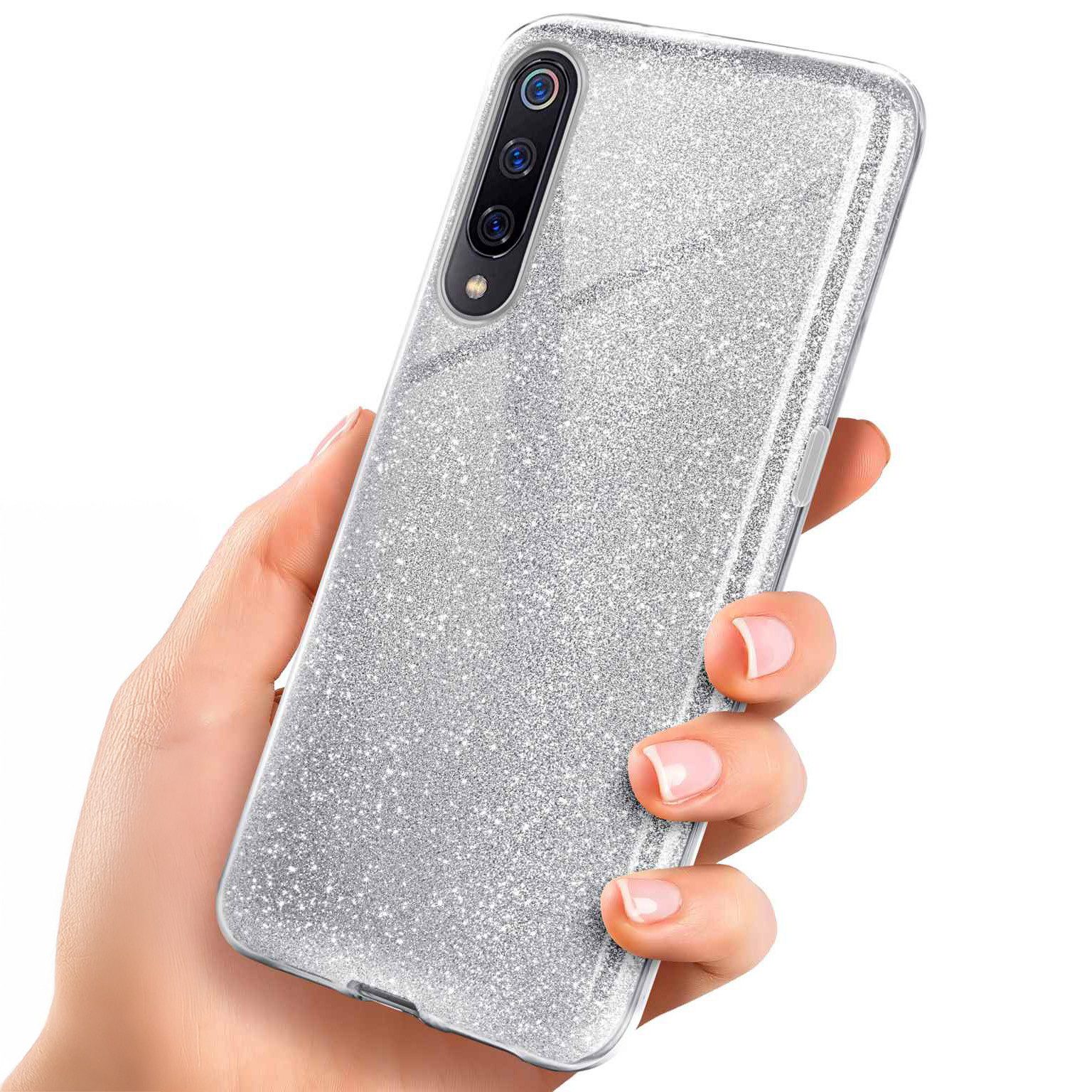 Handyhülle für Xiaomi Mi 9 Glitzer Hülle Glitter Case Silber