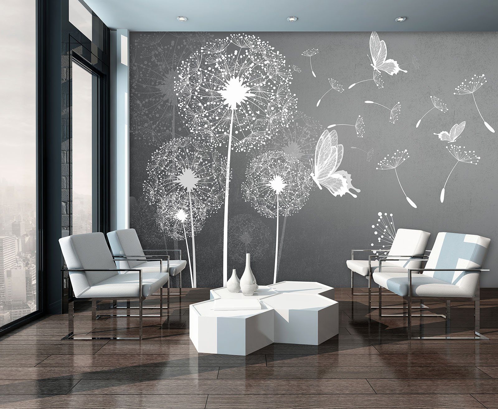 Wallarena Fototapete Pusteblumen Blumen Grau Schmetterling Moderne Wohnzimm günstig online kaufen
