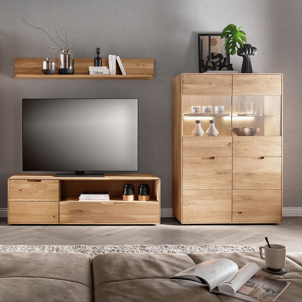Lomadox Wohnzimmer-Set WISLA-69, (Mega-Spar-Set, 3-St., Lowboard Wandregal Highboard), Eiche massiv, LED Beleuchtung, Softclose, montiert