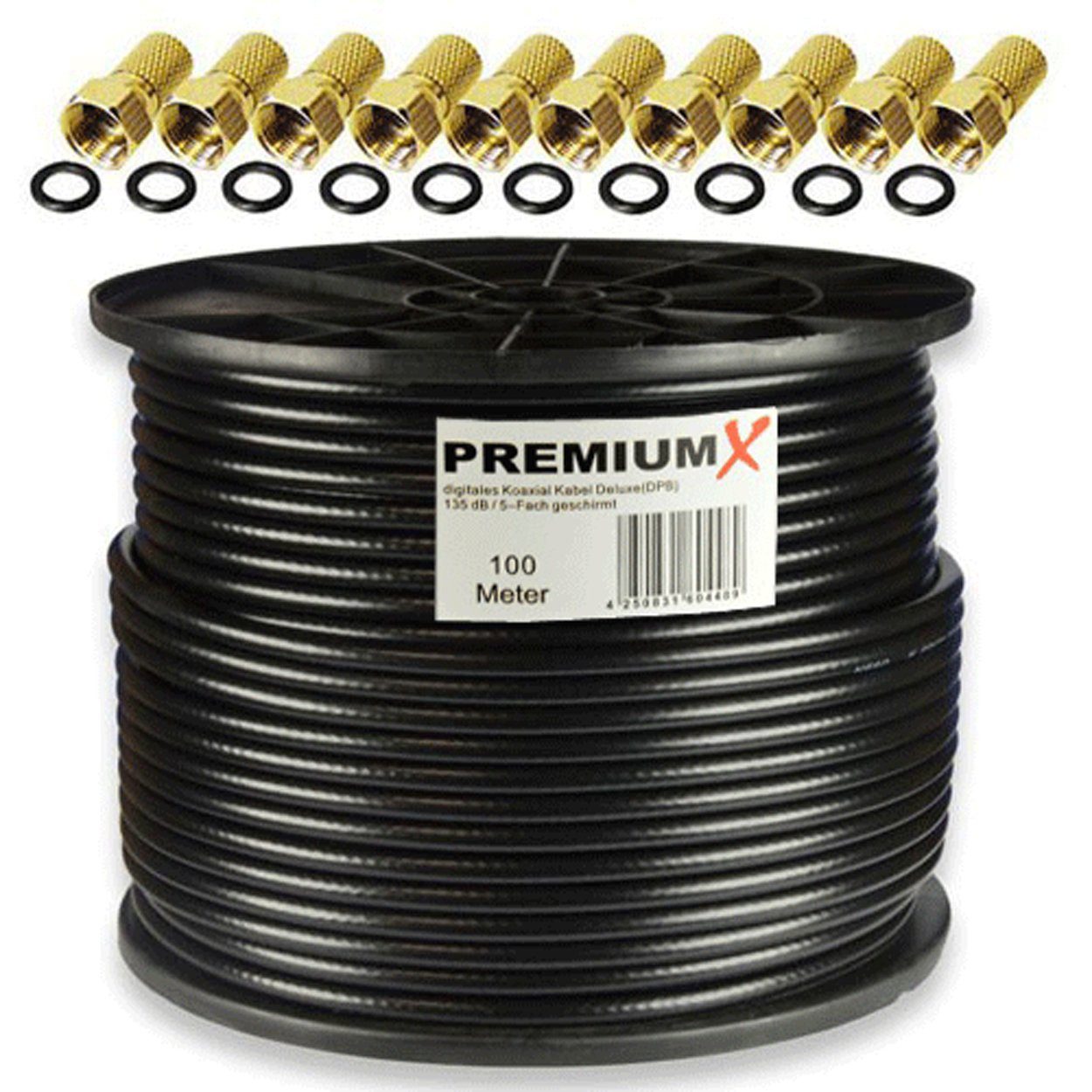 PremiumX 100m DELUXE PRO Koaxialkabel Schwarz 135dB 5-Fach Kupfer 10x F-Stecker SAT-Kabel