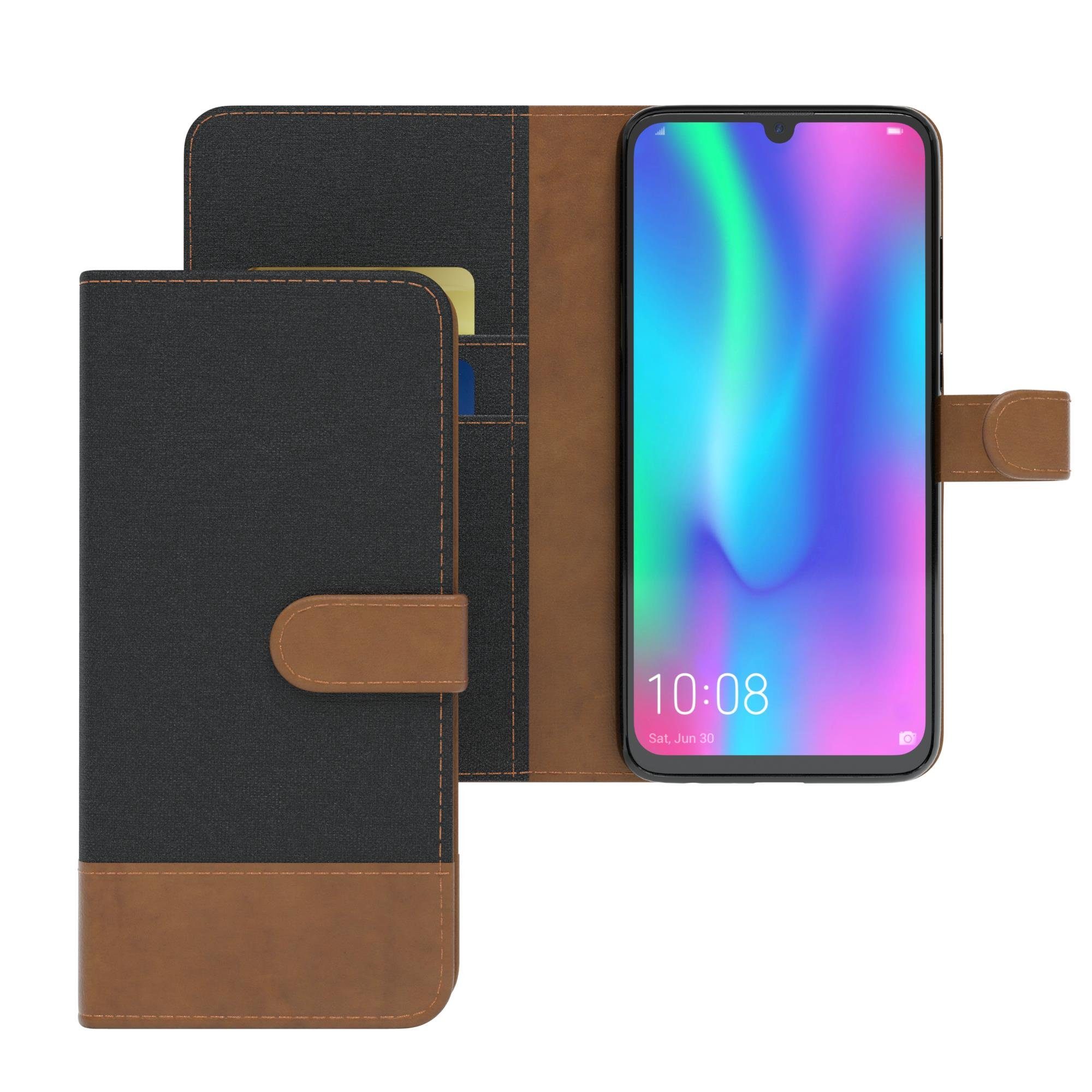 EAZY CASE Handyhülle Bookstyle Jeans für Huawei Honor 10 Lite 6,21 Zoll, Handytasche Jeans mit Standfunktion und Visitenkartenfach Schwarz