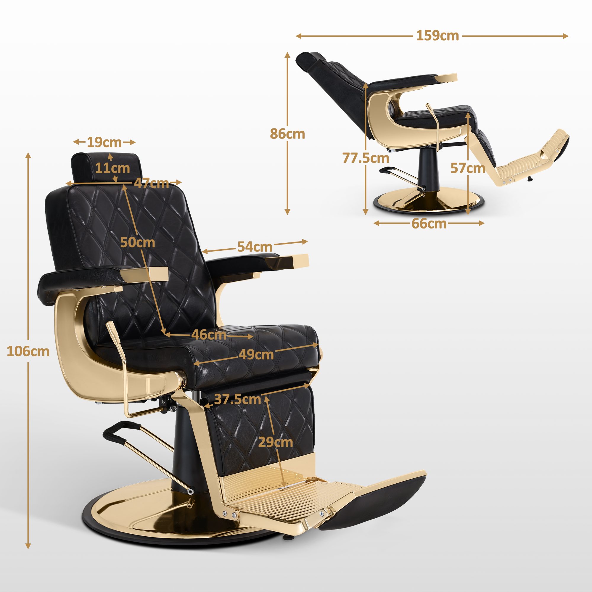 Barberpub Stuhl Barberpub Friseurstuhl Friseureinrichtung 9671 (Gold-Schwarz), mit Kopfstütze Kippbar, Höhenverstellbar, Drehbar – Bild 2 von 5