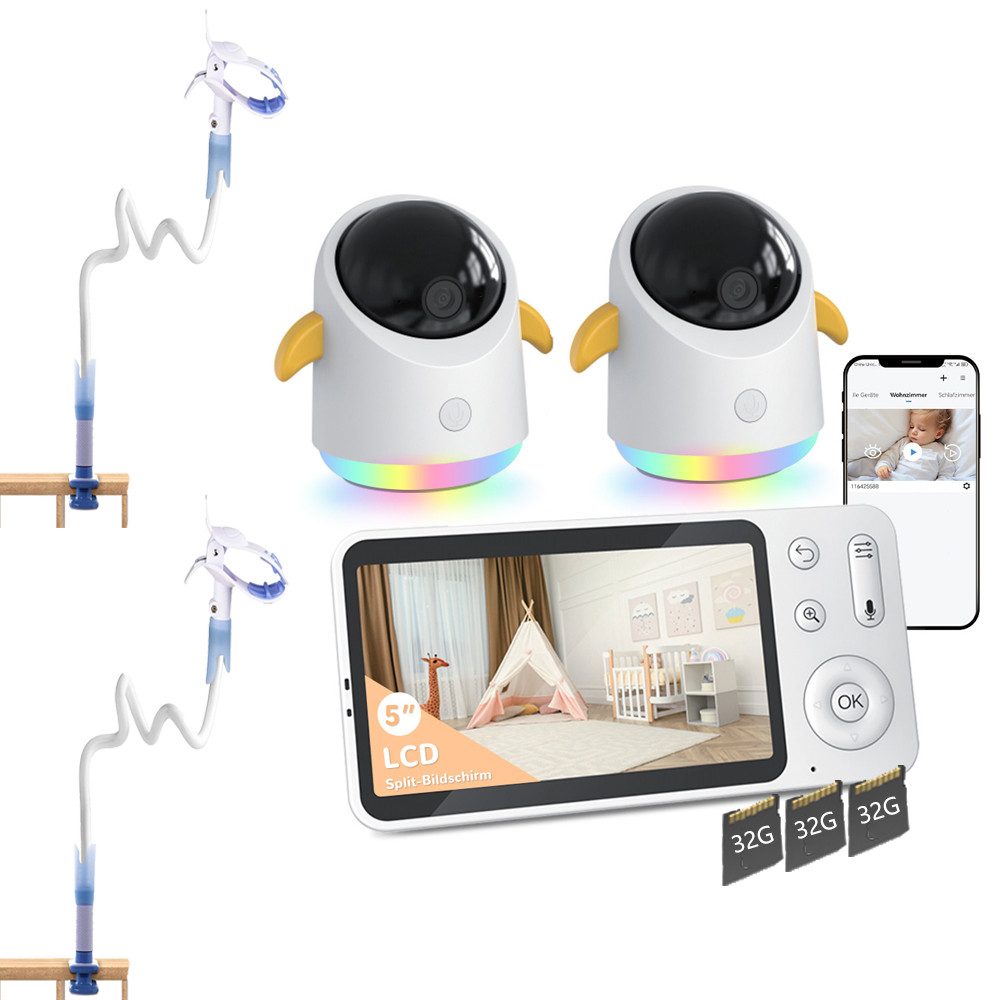 Babyphone 2K Babyphone mit 2 Kameras und App 5 Zoll WLAN Babyfone mit Halter