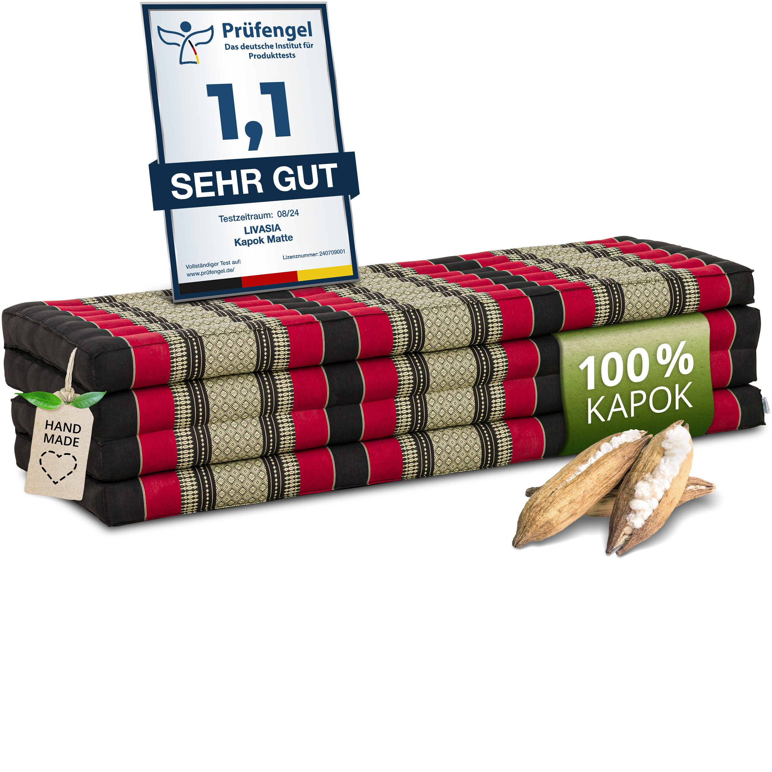 Klappmatratze Faltmatratze 140 cm (Classic) - 200x140x8cm -, livasia, 8 cm hoch, Kapok, vegan, handgefertigt