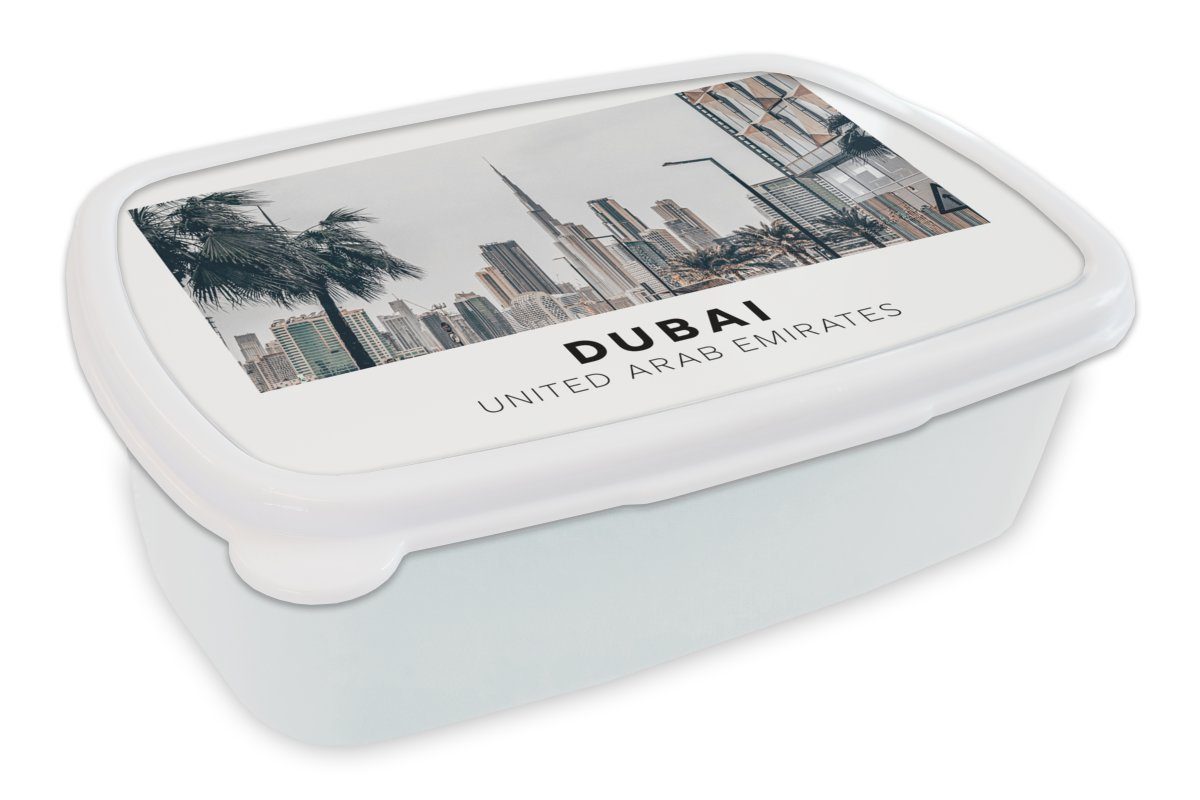 MuchoWow Lunchbox Dubai - Skyline - Palme, Kunststoff, (2-tlg), Brotbox für Kinder und Erwachsene, Brotdose, für Jungs und Mädchen weiß