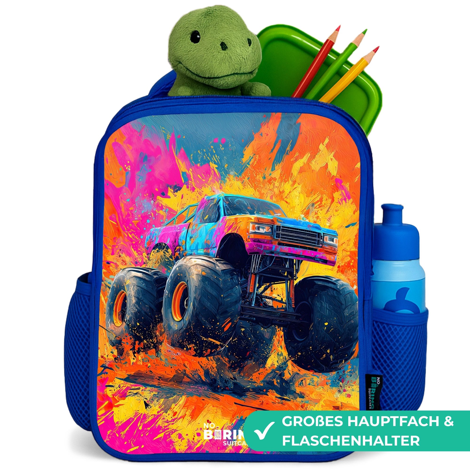 NoBoringSuitcases.com© Rucksack Blau - Monstertruck - Farbspritzer - Bunt - Explosion, Kinderrucksack, Schulrucksack, Freizeitrucksack, Jungen, Kindergarten