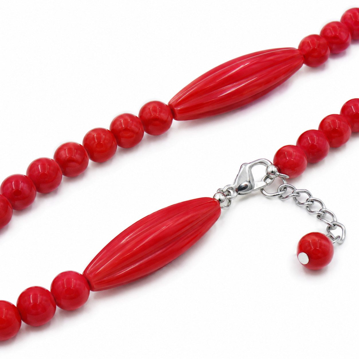 unbespielt Collier Perlenkette Rillenolive und Perle Kunststoff rot 50 cm, Modeschmuck für Damen