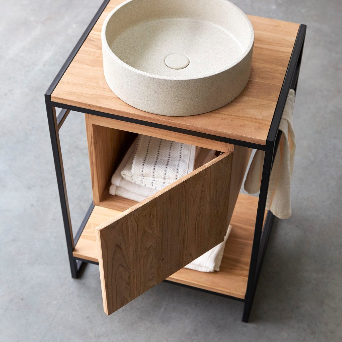 Tikamoon Waschtisch Waschtisch 60 cm aus Metall und Teakholz Materialmix industrieller Sti