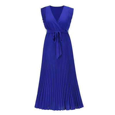 BlauWave Dirndl Maxikleid für Damen Chiffon plissiert Sommerkleid V-Ausschnitt (1-tlg., selbstbindend Strandparty Urlaubskleid) Wickelkleid Boho-Kleid