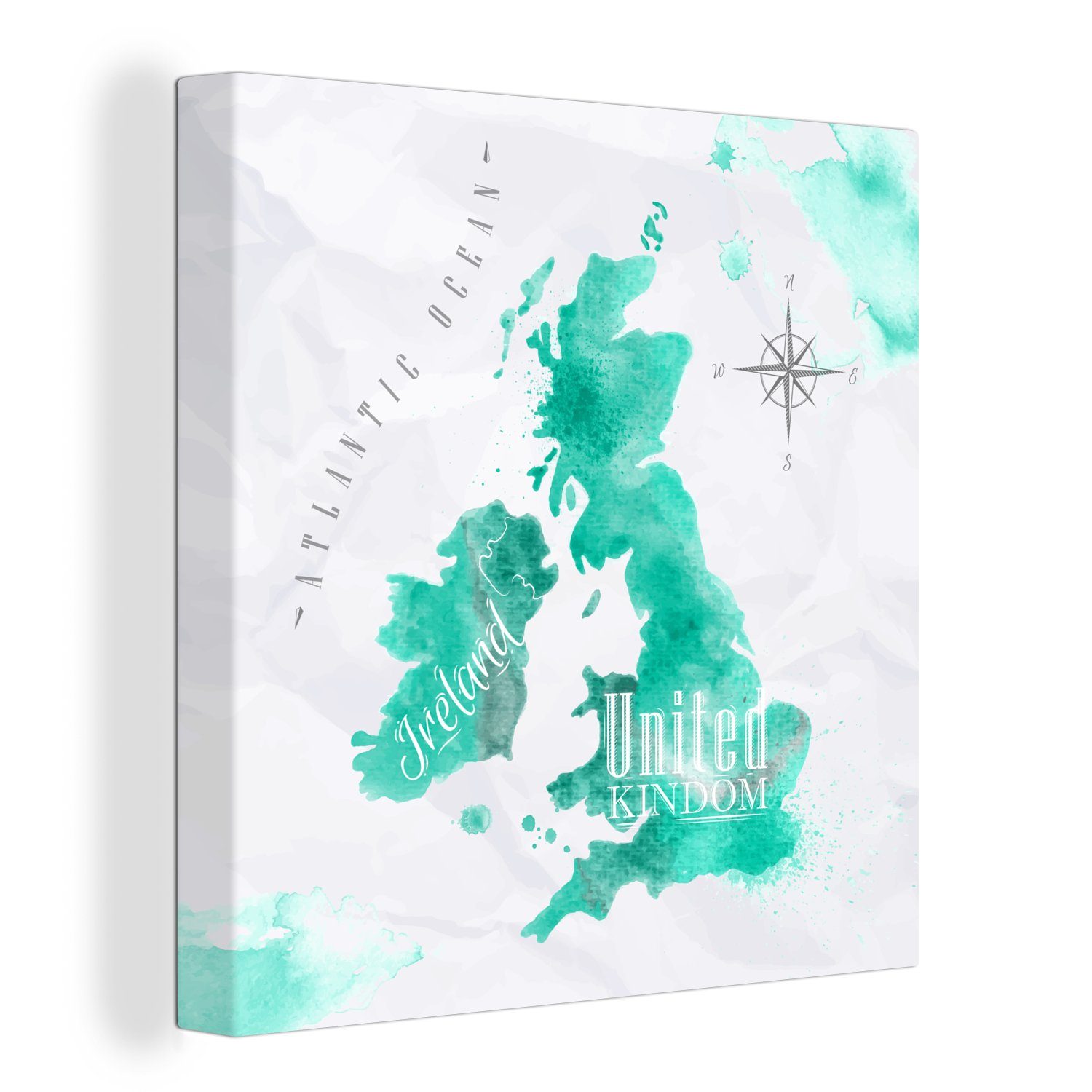 OneMillionCanvasses® Leinwandbild Aquarell - Weltkarte - England, (1 St), Leinwand Bilder für Wohnzimmer Schlafzimmer | Leinwandbilder