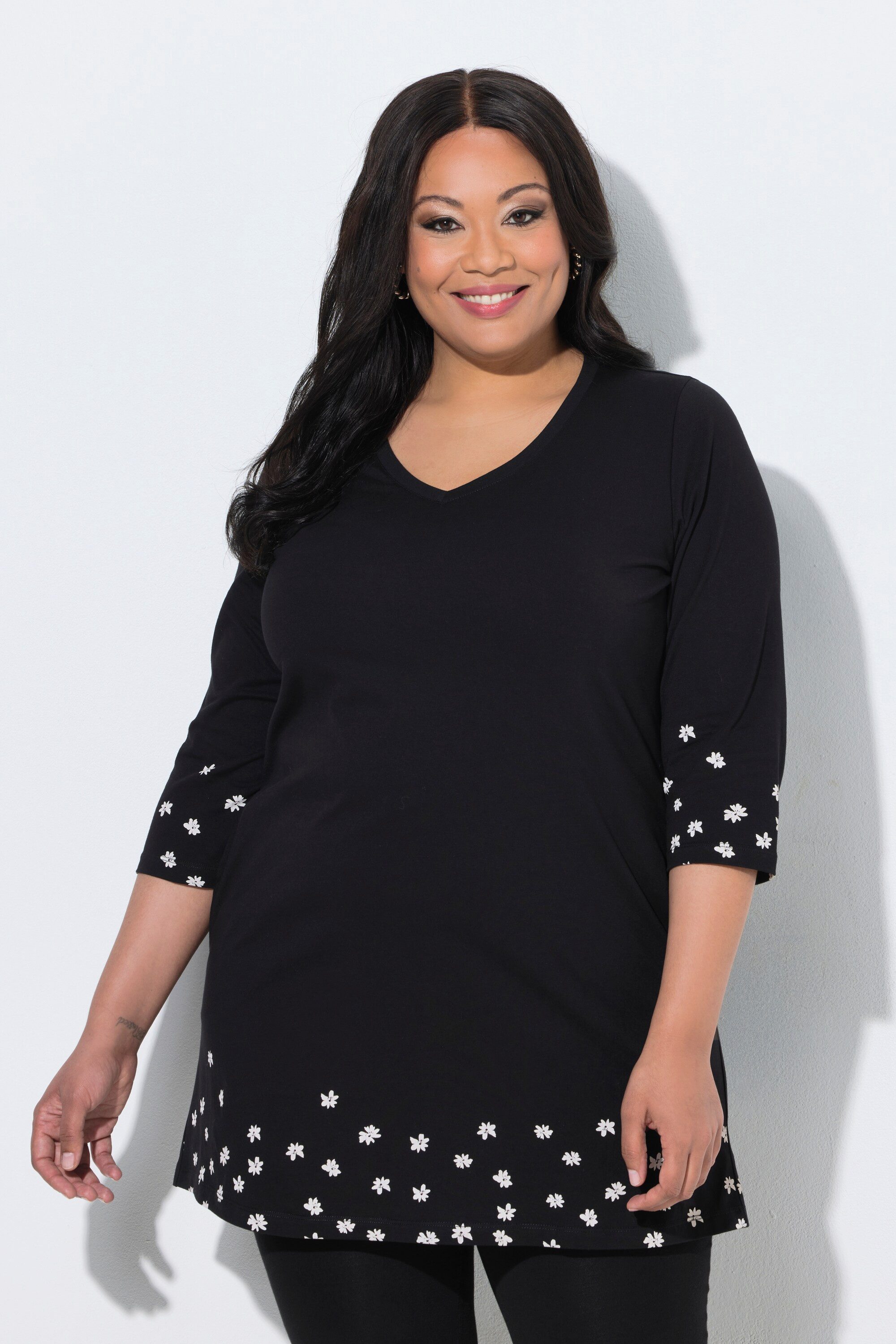 Ulla Popken Longshirt Longshirt Motivdruck A-Linie V-Ausschnitt 3/4-Arm