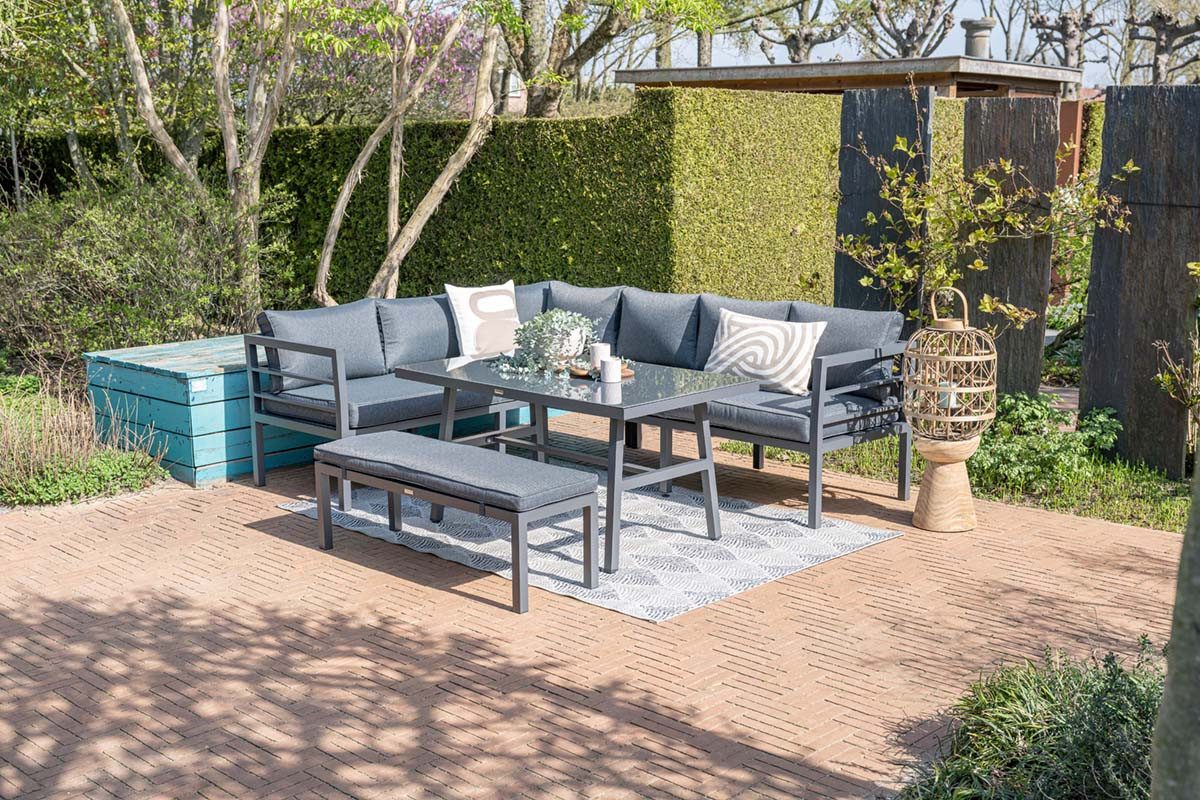 Garden Impressions Gartenlounge-Set Blakes links anthrazit / Gartenmöbelset, (Set, 3-tlg., Alu, Ecklounge, Esstisch, Bank, inkl. Auflagen), UV-beständig