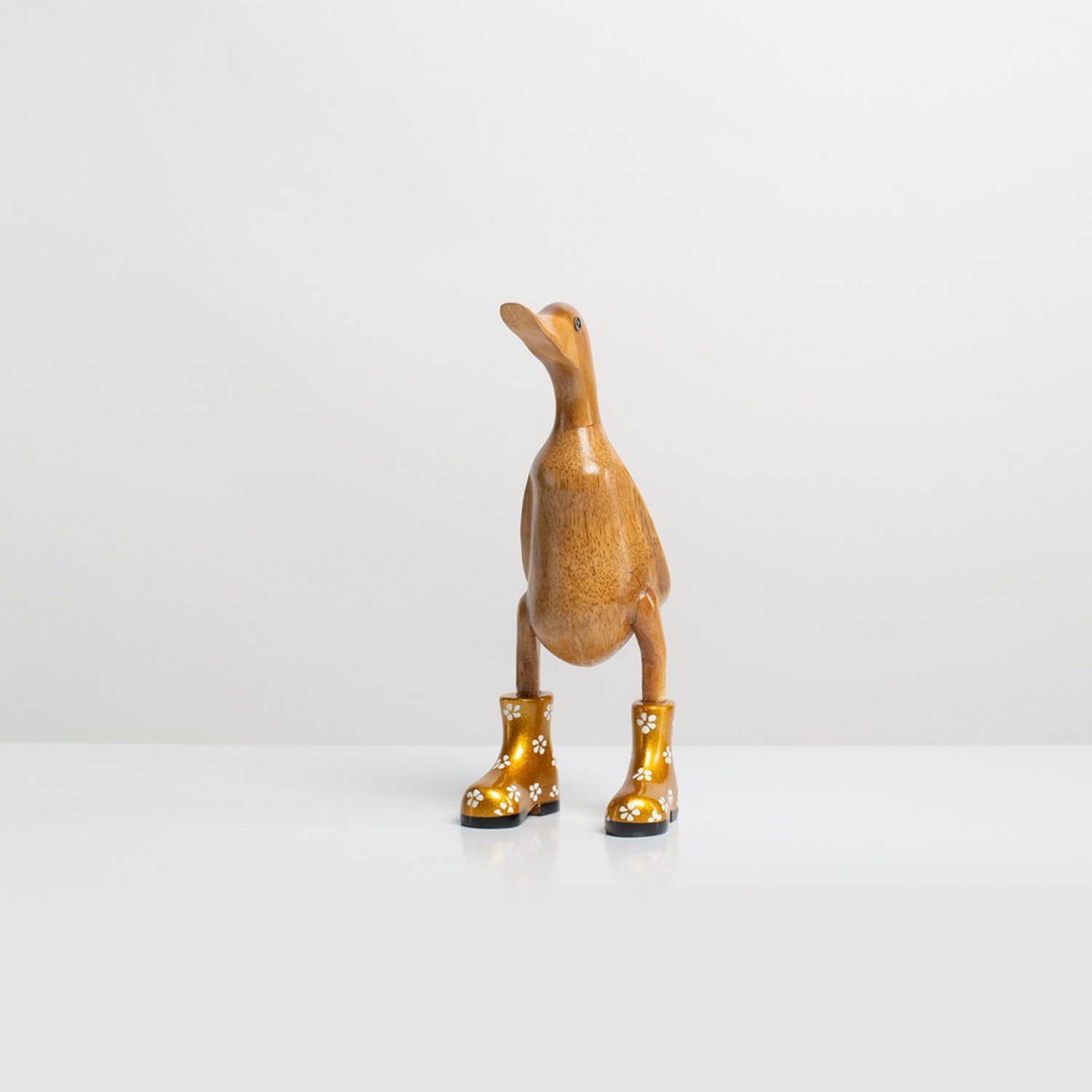 Rikmani Dekofigur Holzfigur Ente Stiefel - Handgefertigte Dekoration aus Holz Geschenk (3-er Set), 3 Holzarten gold_geblümt