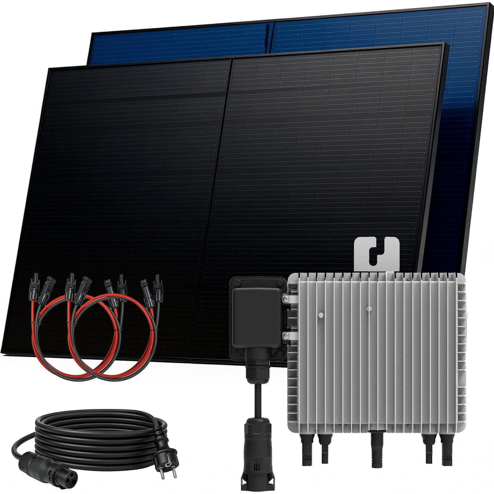 SUNNIVA Balkonkraftwerk 1000W BIFAZIAL FULLBLACK komplett Steckdose, (DEYE 800W Wechselrichter, PV Solaranlage, 2x 500W Glas Solarmodule, inkl. 5m Kabel, Bluetooth WIFI, Komplettset)