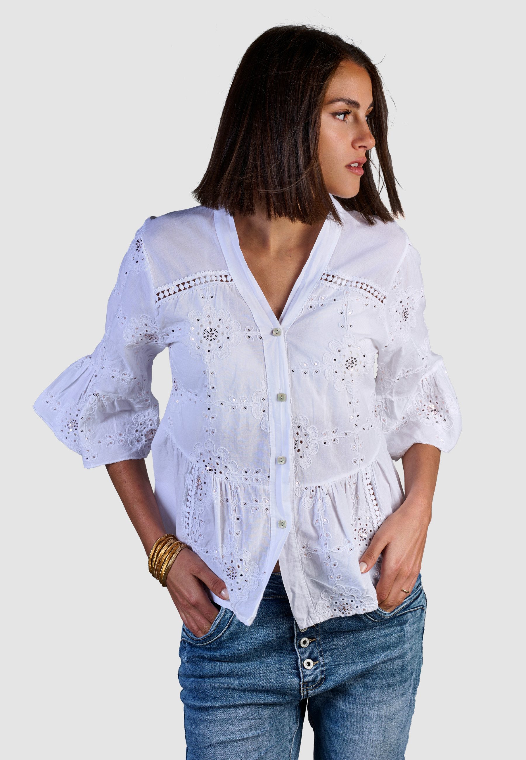 Andijamo-Fashion Spitzenbluse SUNLACE Leichte Bluse mit femininer Pailetten Lochstickerei