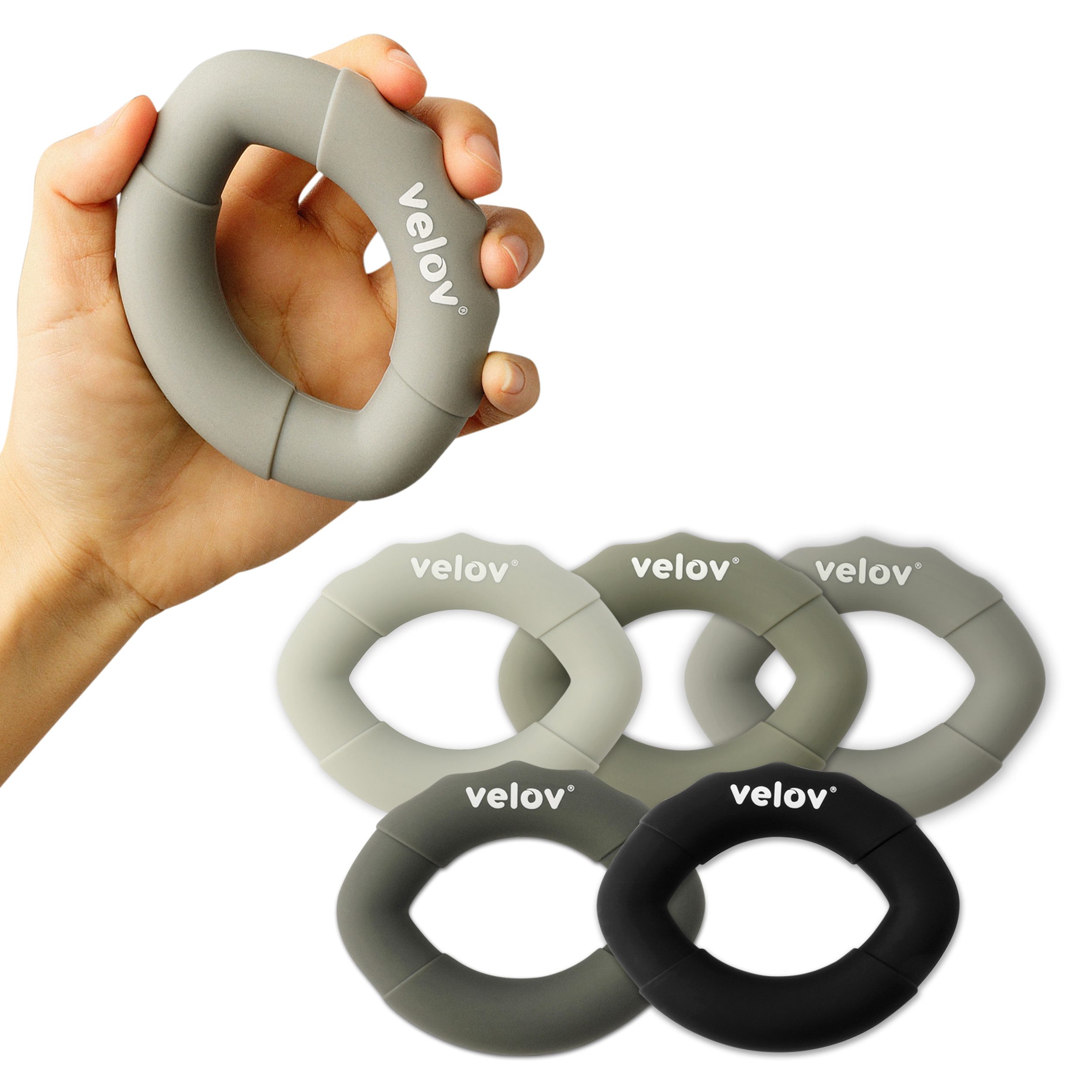 velov Handmuskeltrainer Fingertrainer aus Silikon für Griffkraft 5er Set Fingerexpander, Handtrainer mit Widerstand, Grip Strength