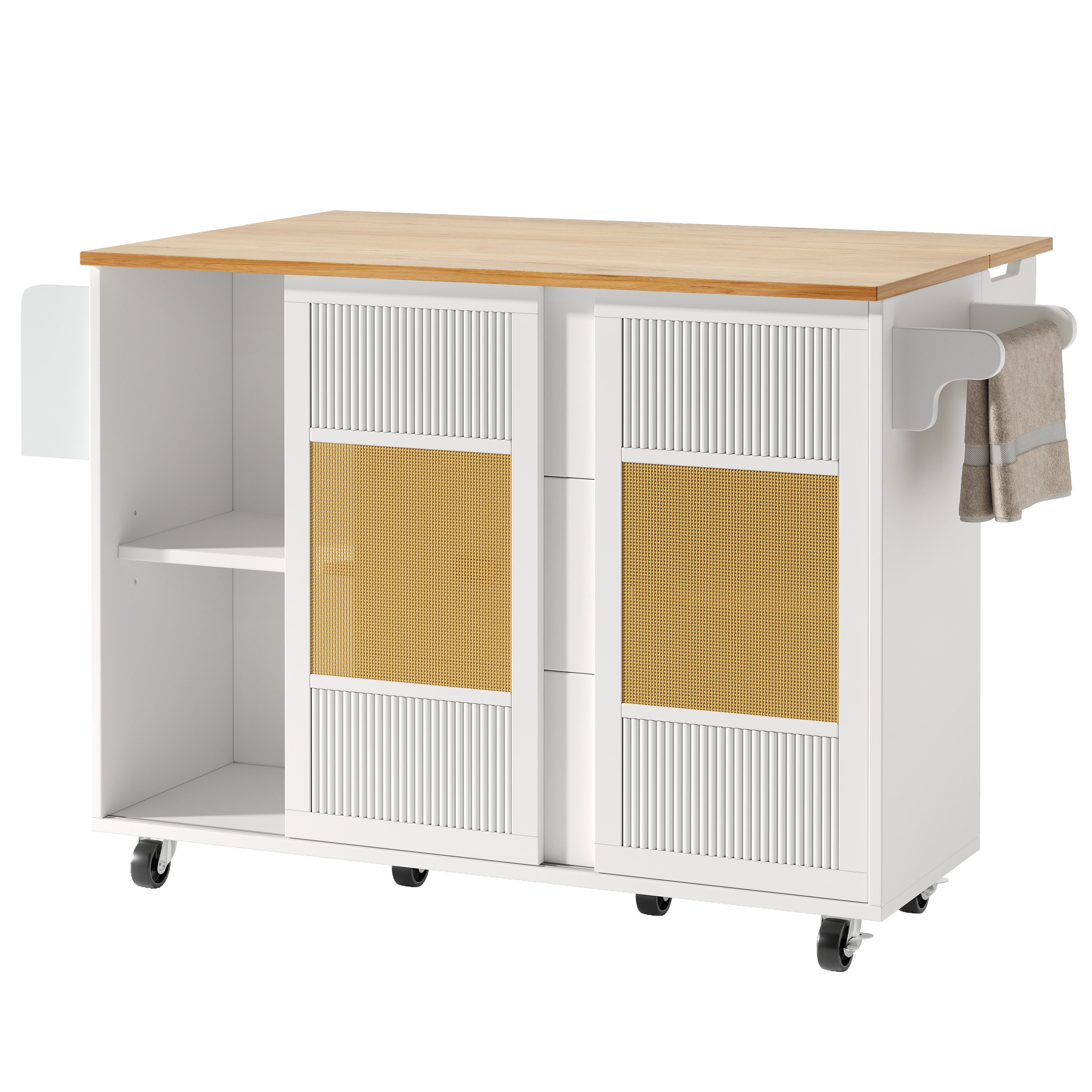 Flieks Küchenwagen mit erweiterbarer Arbeitsplatte, Rollen und Rattan-Schiebetüren, (1 St), Servierwagen mit Schubladen Kücheninsel Buffetschrank Rollwagen weiß – Bild 4 von 5
