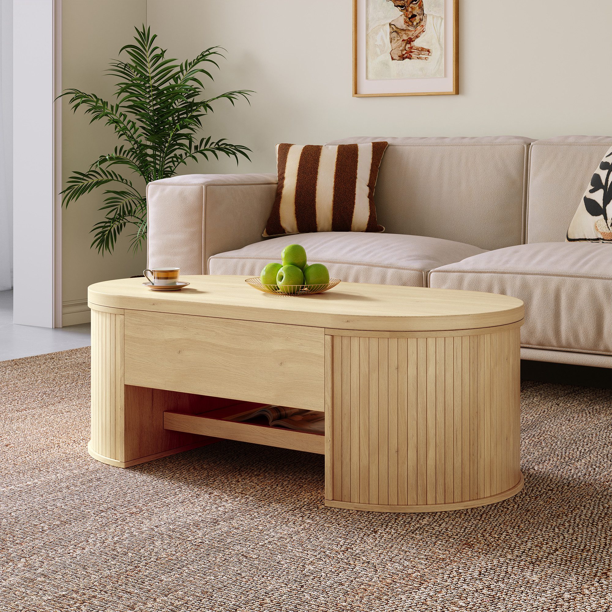 Merax Couchtisch höhenverstellbar Sofatisch Beistelltisch mit gebogenen Holzseiten (1-St., 110x55,5x40 cm), Wohnzimmertisch mit ausziehbaren Regalen und verstecktem Stauraum