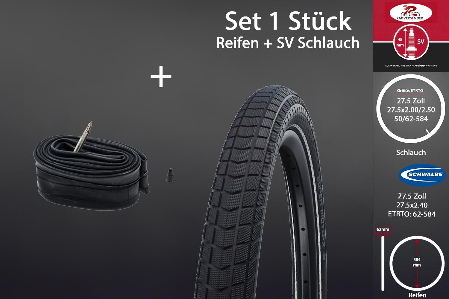 Fahrradreifen 27.5 Zoll SCHWALBE Moto Reifen 27.5x2.4 Reflex 62-584 Set Schlauch SV