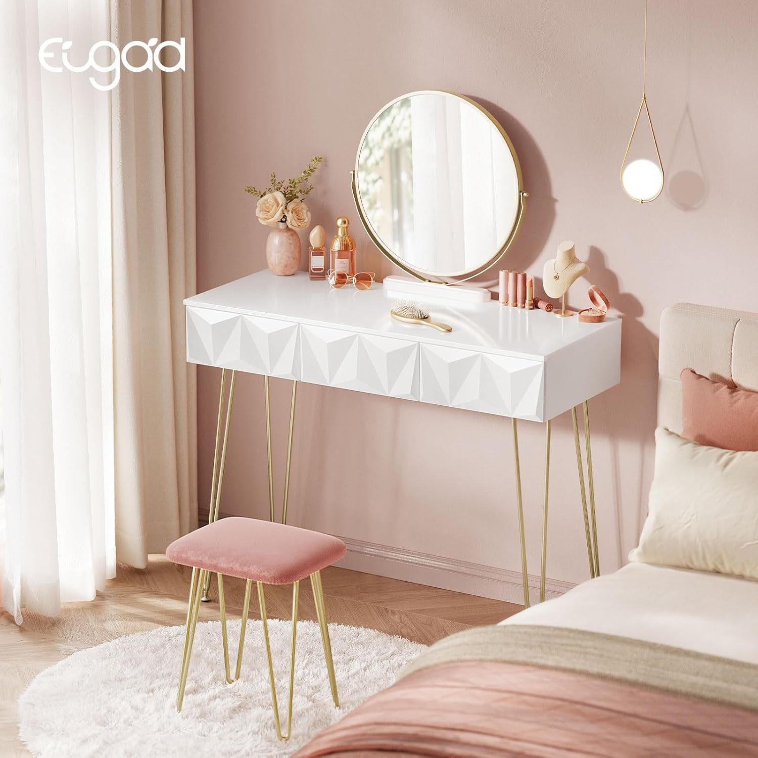 EUGAD Schminktisch (1-St), mit Hocker, 3 Schubladen Weiß und golden günstig online kaufen