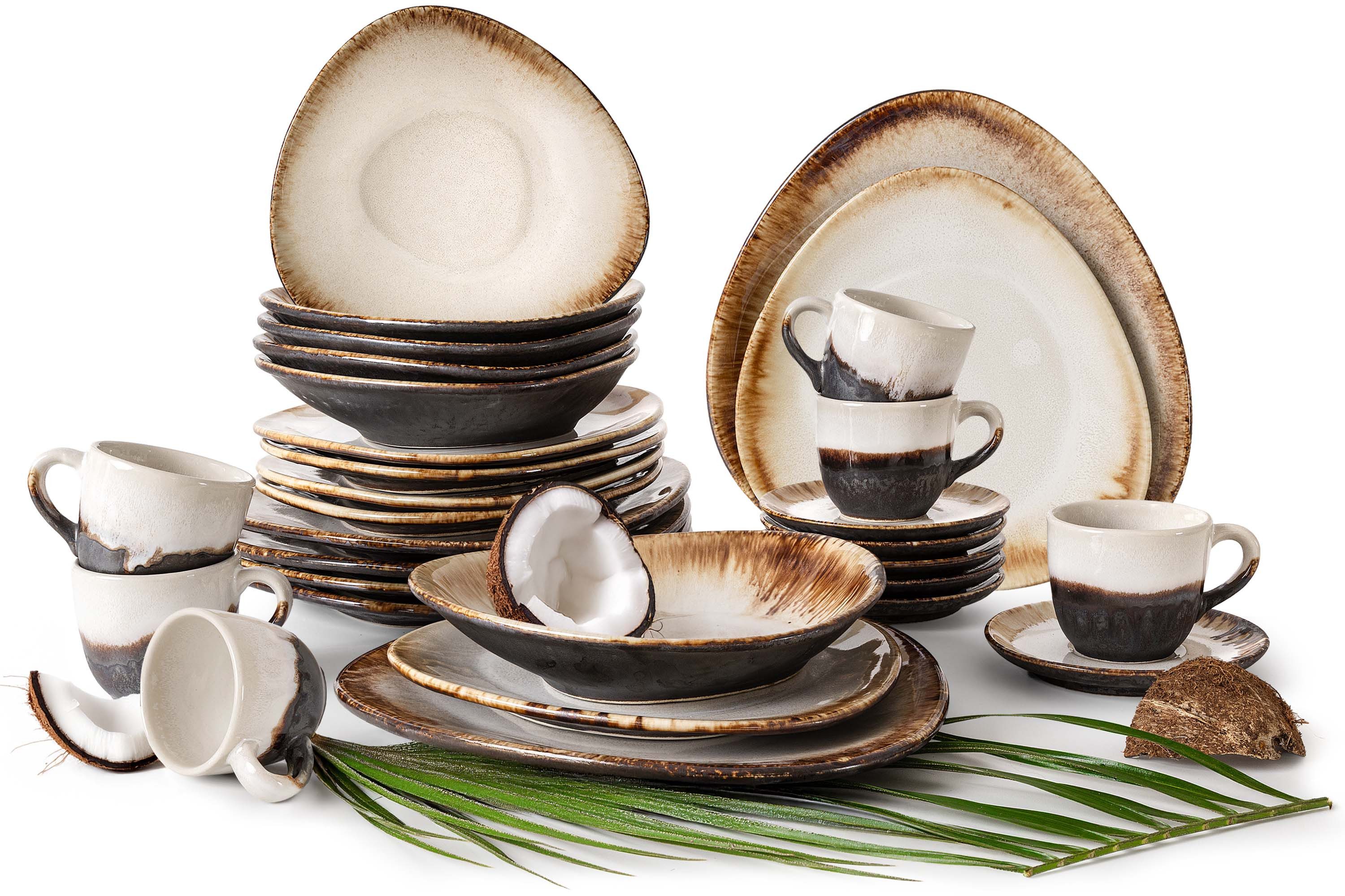 KONSIMO® Kombiservice PRIMA Geschirr-Set, handgefertigt, Premiumqualität aus EU (30-tlg), 6 Personen, Keramik, spülmaschinengeeignet, mikrowellengeeignet, organisch Form