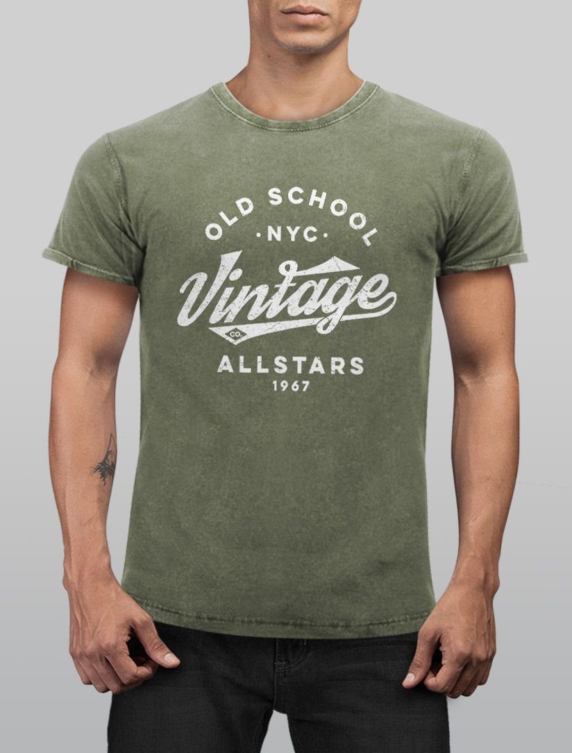 Neverless Print-Shirt Herren Used mit Look Retro Slim Neverless® Shirt Fit Print Old oliv NYC Design Schriftzug Printshirt Allstars School Vintage