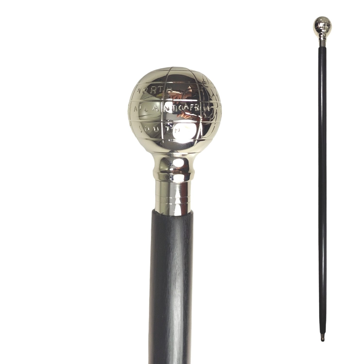 FTWdesign Frackstock Weltkugel Spazierstock aus Holz mit graviertem Griff aus Metall