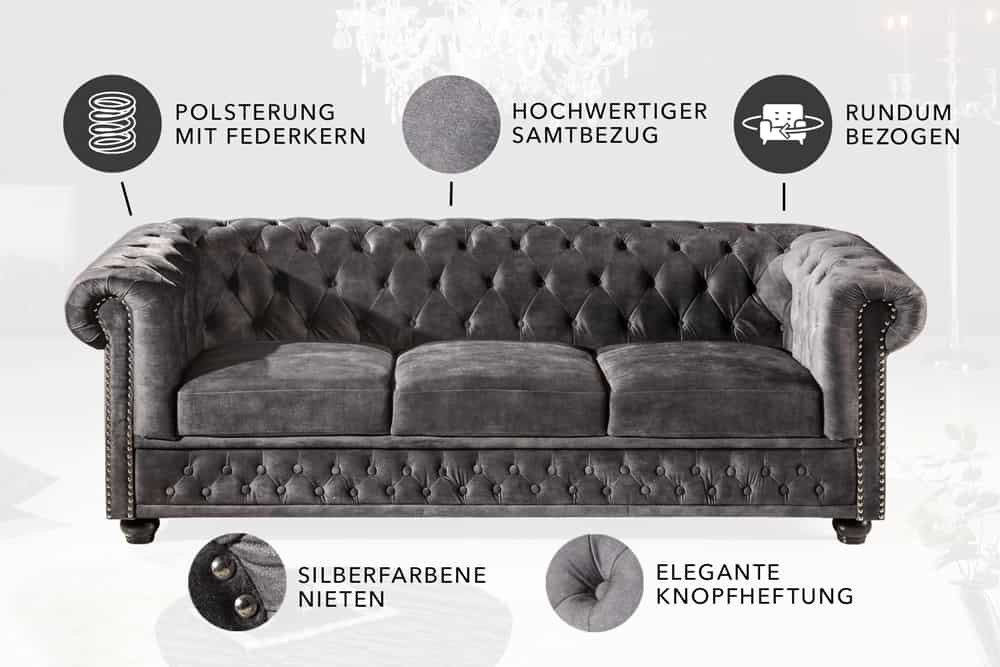 riess-ambiente 3-Sitzer CHESTERFIELD 205cm grau - Samt, Federkern, Knopfheftung, Rundumbezug, Einzelartikel 1 Teile, Glamouröse Couch - ideal für Wohn- und Essz – Bild 4 von 5