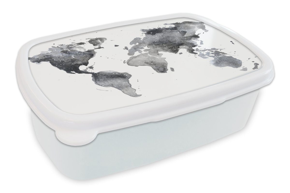 MuchoWow Lunchbox Weltkarte - Abstrakt - Grau - Aquarell, Kunststoff, (2-tlg), Brotbox für Kinder und Erwachsene, Brotdose, für Jungs und Mädchen weiß