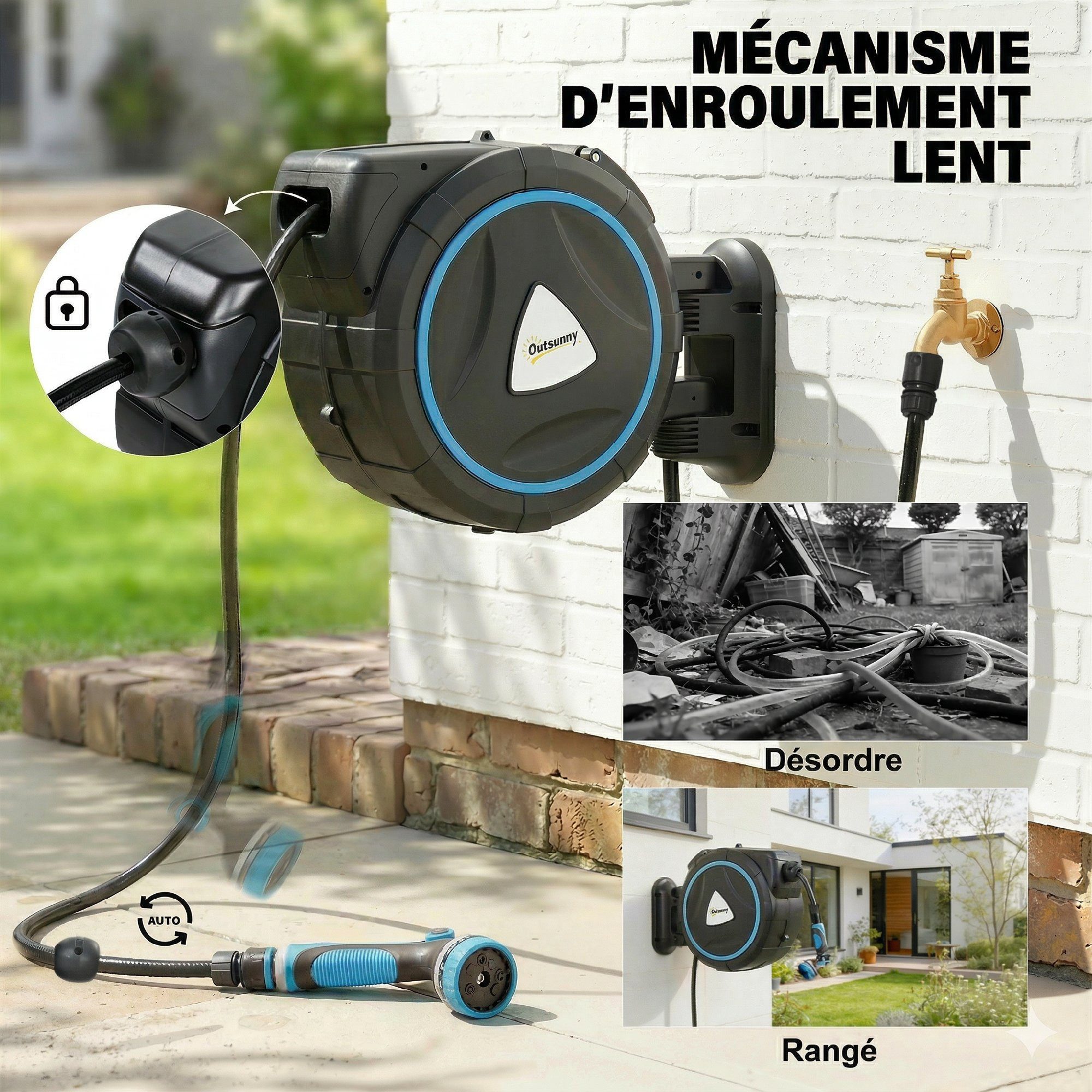 kowdom Gartenschlauch Wand-Gartenschlauchaufroller automatisch 23+2 m, 12 Sprühmodi, blau, automatischer Langsamlauf, Zugarretierung auf jeder Länge, (Schlauchaufroller, Schlauchaufroller mit Spritzpistole und 2 Düsen), automatisch, Wandmontage, 12 Sprühmodi, 23 m Schlauchlänge
