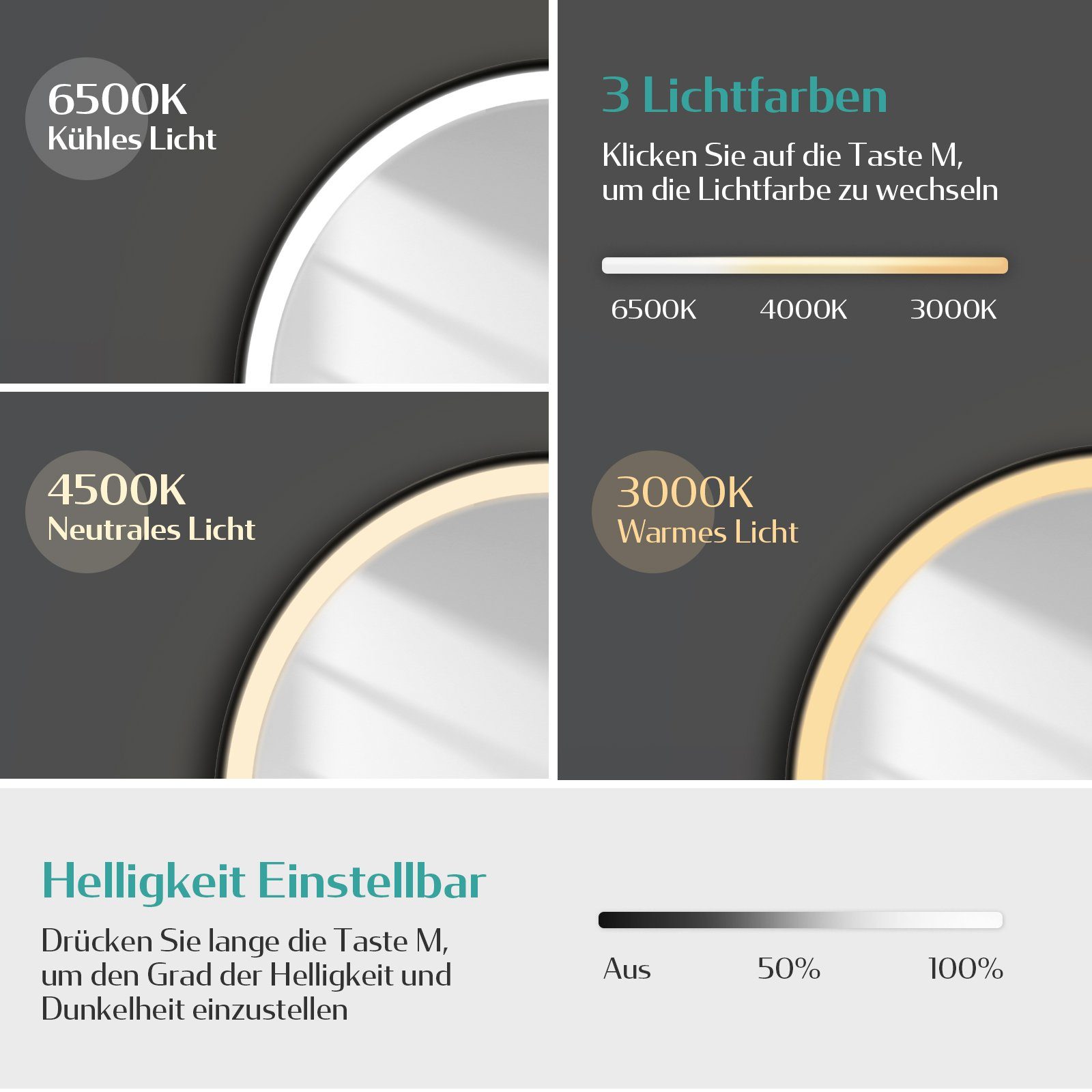 EMKE Badspiegel mit Beleuchtung Rund Badezimmerspiegel schwarzem Rahmen (50-80cm, Touchschalter), 3 Lichtfarben, dimmbar, Touch, Memory, ohne Antibeschlag, IP44