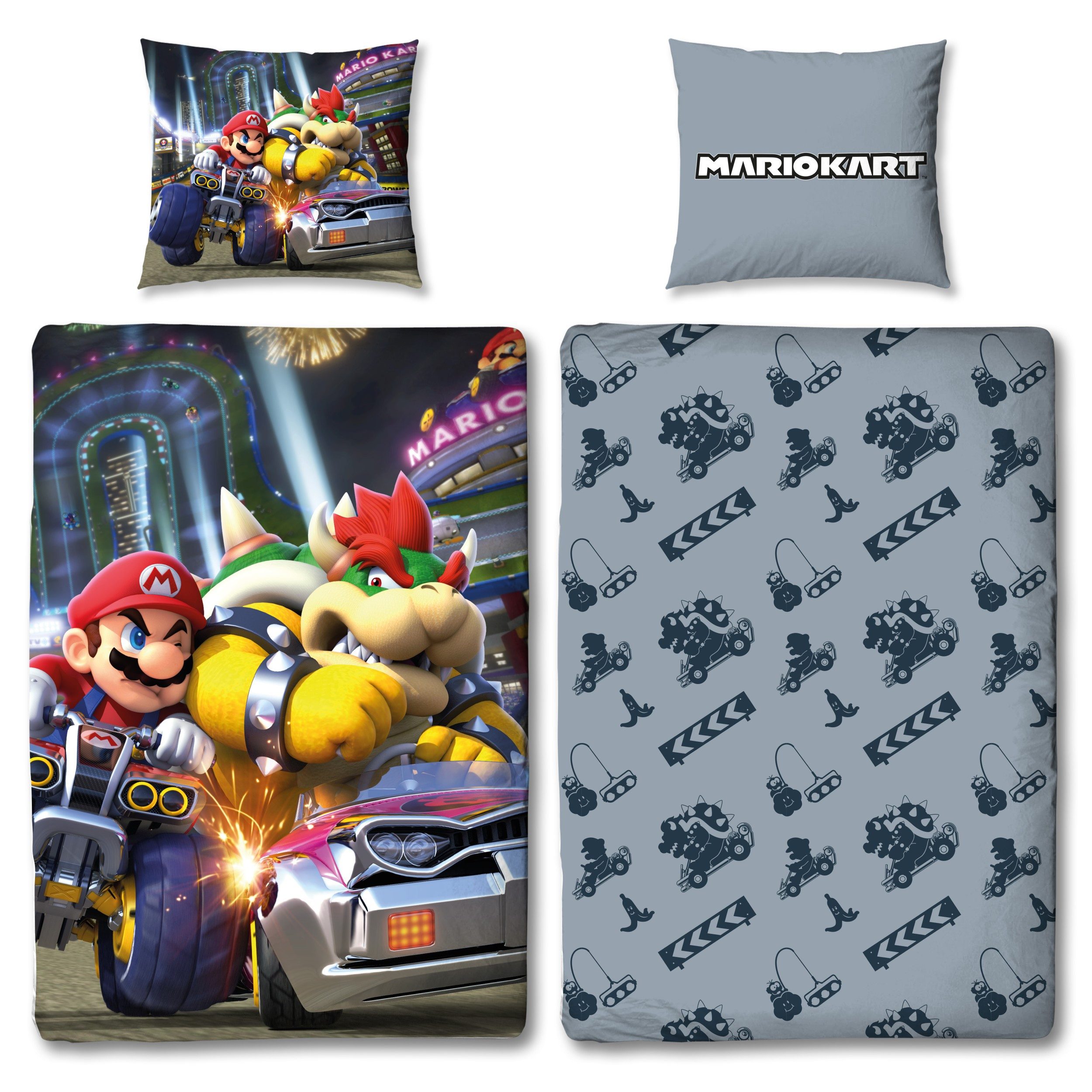 Familando Kinderbettwäsche Nintendo Super Mario Kart "Bump" 135x200 + 80x80cm aus 100% Baumwolle, Renforcé, 2 teilig, mit Reißverschluss und Wendemotiv