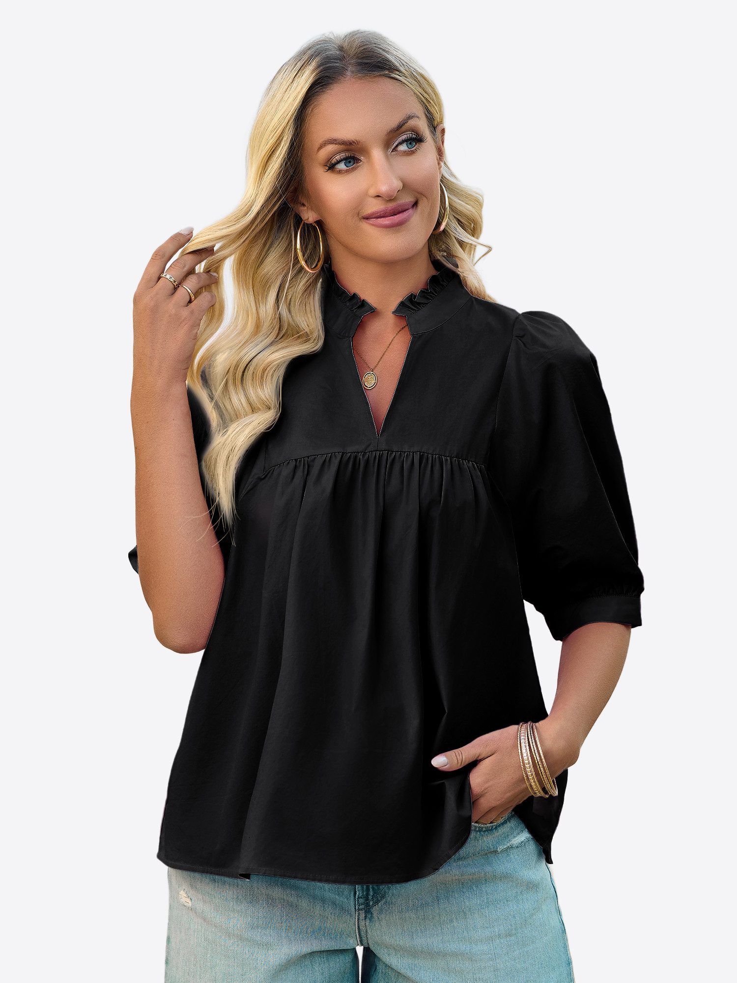 Imily Bela Blusentop Damen V-Ausschnitt Bluse mit Puffärmeln (Packung, 1-tl günstig online kaufen