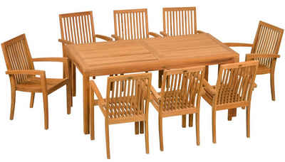 Kai Wiechmann Garten-Essgruppe Premium Teak Sitzgruppe aus 8 Stapelstühlen und 1 Tisch 180 x 90 cm, (9-tlg., 8 Stühle, 1 Tisch), Set aus Teak-Gartenmöbeln mit Stühlen zum Stapeln