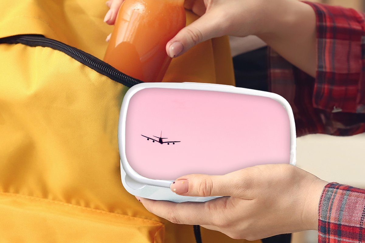 MuchoWow Lunchbox Aufsteigendes Mädchen für Brotdose, Brotbox für Himmel, Kunststoff, und Kinder Jungs in rosa weiß einem Flugzeug Erwachsene, und (2-tlg)
