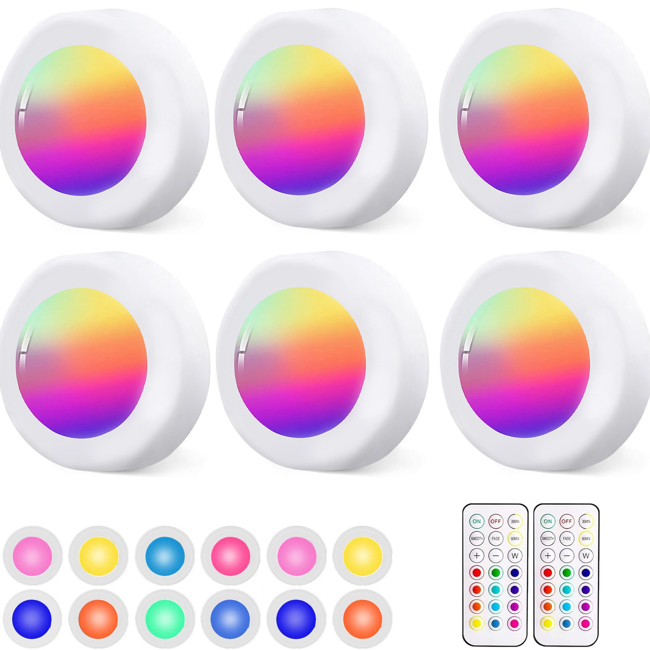 Luckice Unterschrankleuchte 3 Stück Batteriebetrieben LED RGB Spots mit Fernbedienung, RGB mit 13 Farbmodi, 13 Farbwechsel Kabellos Vitrinenbeleuchtung, Dimmbar Unterbauleuchte Küche LED Lampe zum Kleben Schranklicht, Nachtlicht mit Fernbedienung und Timi
