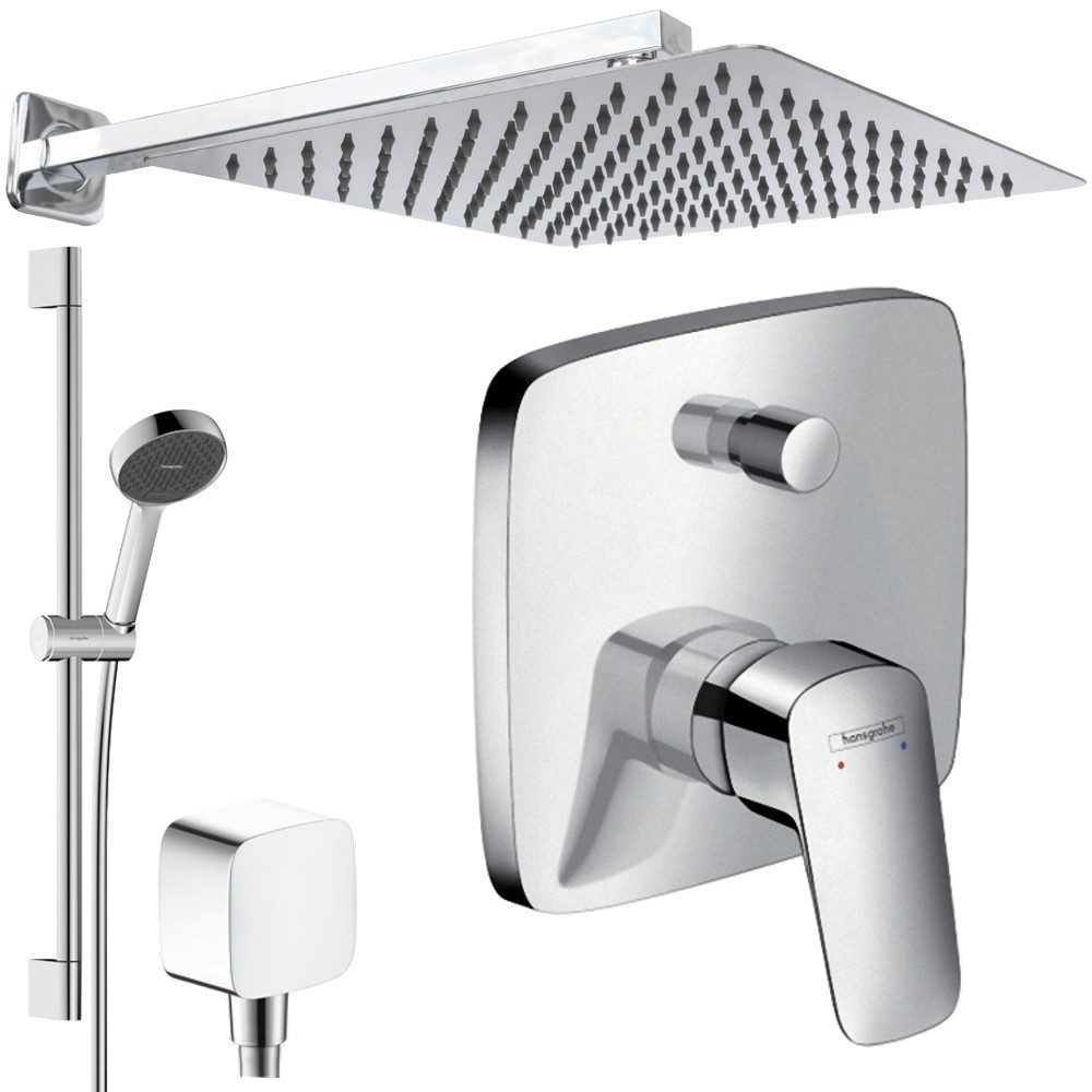 Hansgrohe und Jowi Duscharmatur Logis Unterputz Duschsystem mit Kopfbrause, Regendusche (Unterputz-Duschsystem, Set) mit Brausestange, 650mm