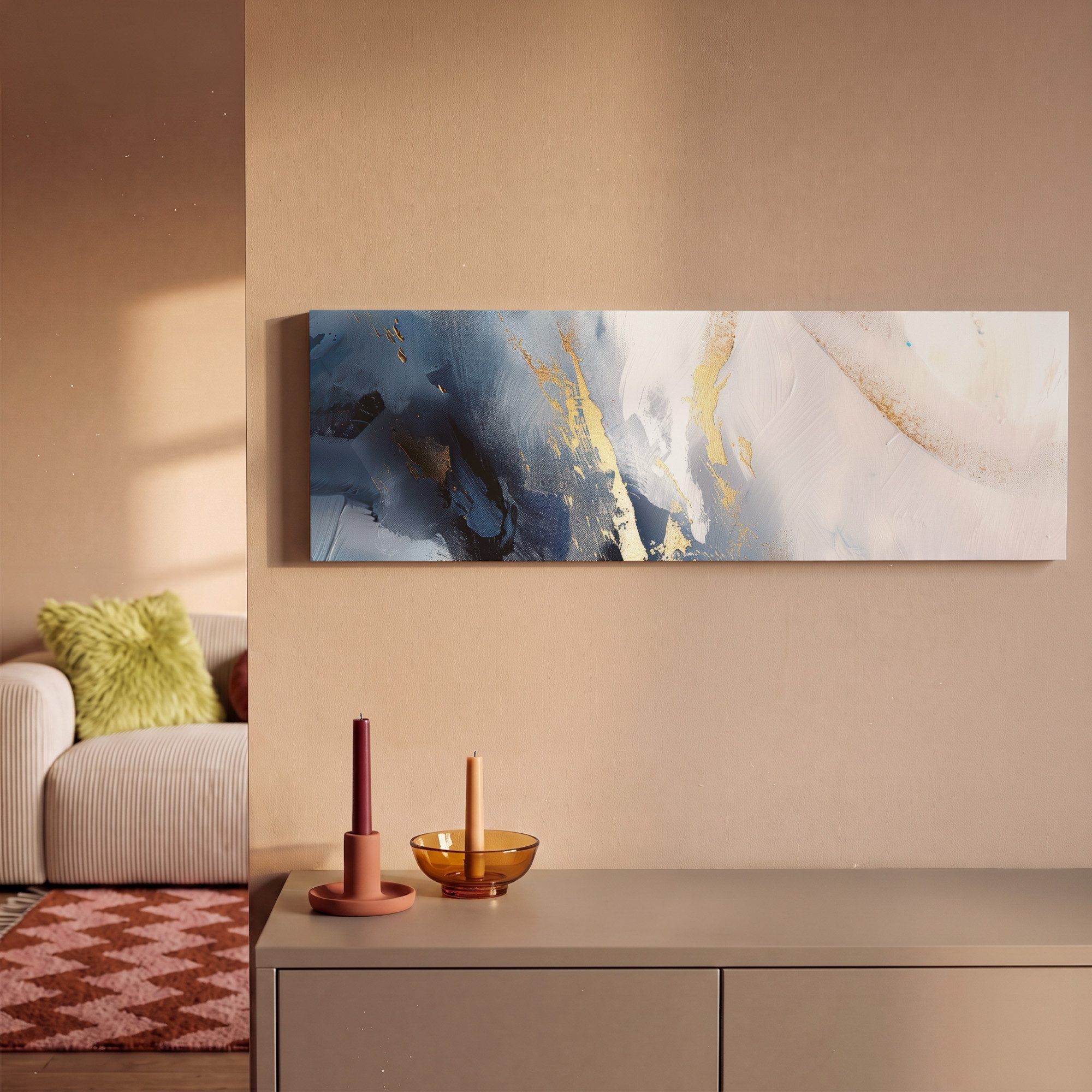OneMillionCanvasses® Leinwandbild Panorama Blau - Modern - Marmor - Abstrakt - Gold, Fotodruck (1 St), Wandbild, Deko Schlafzimmer Wohnzimmer Flur 60x20 cm – Bild 2 von 5