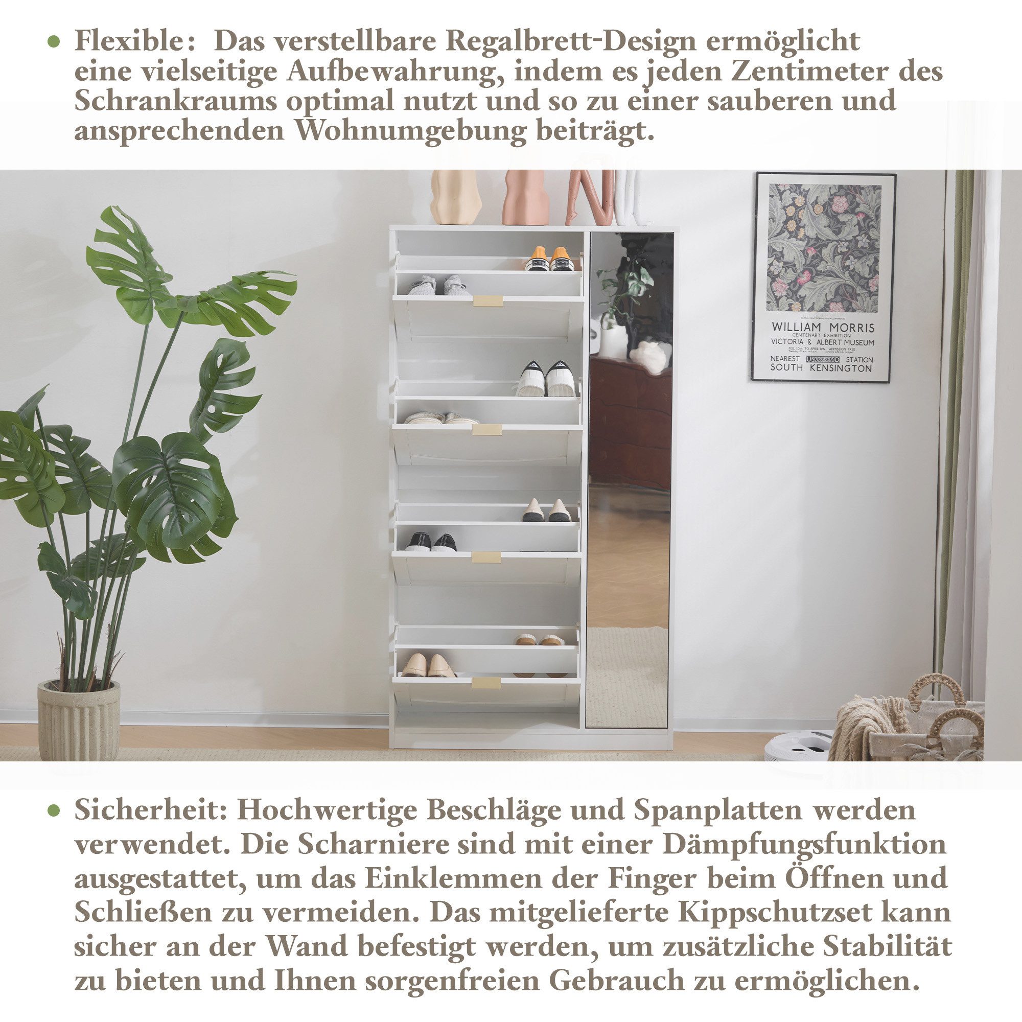 Merax Schuhschrank mit Spiegel und verstellbare Regalböden (1-St) Schuhregal Schuhkommode mit 4 Klappenfächer, B80/H147/T24 cm