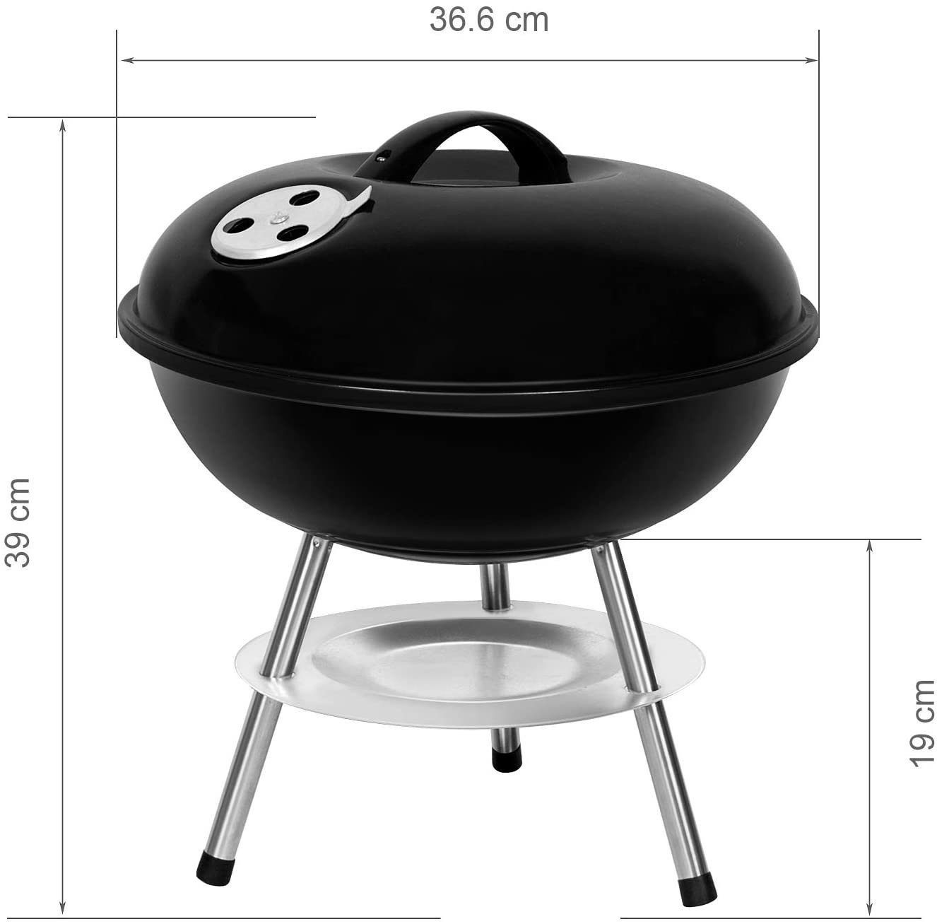 SunJas Holzkohlegrill Kugelgrill Campinggrill CA-20 mit Luftventilen Deckel und Rädern, Ø36,6cm Geeignet für 3-5 Personen, BBQ Grills XXL Standgrill Grillwagen Rundgrill kohlegrill